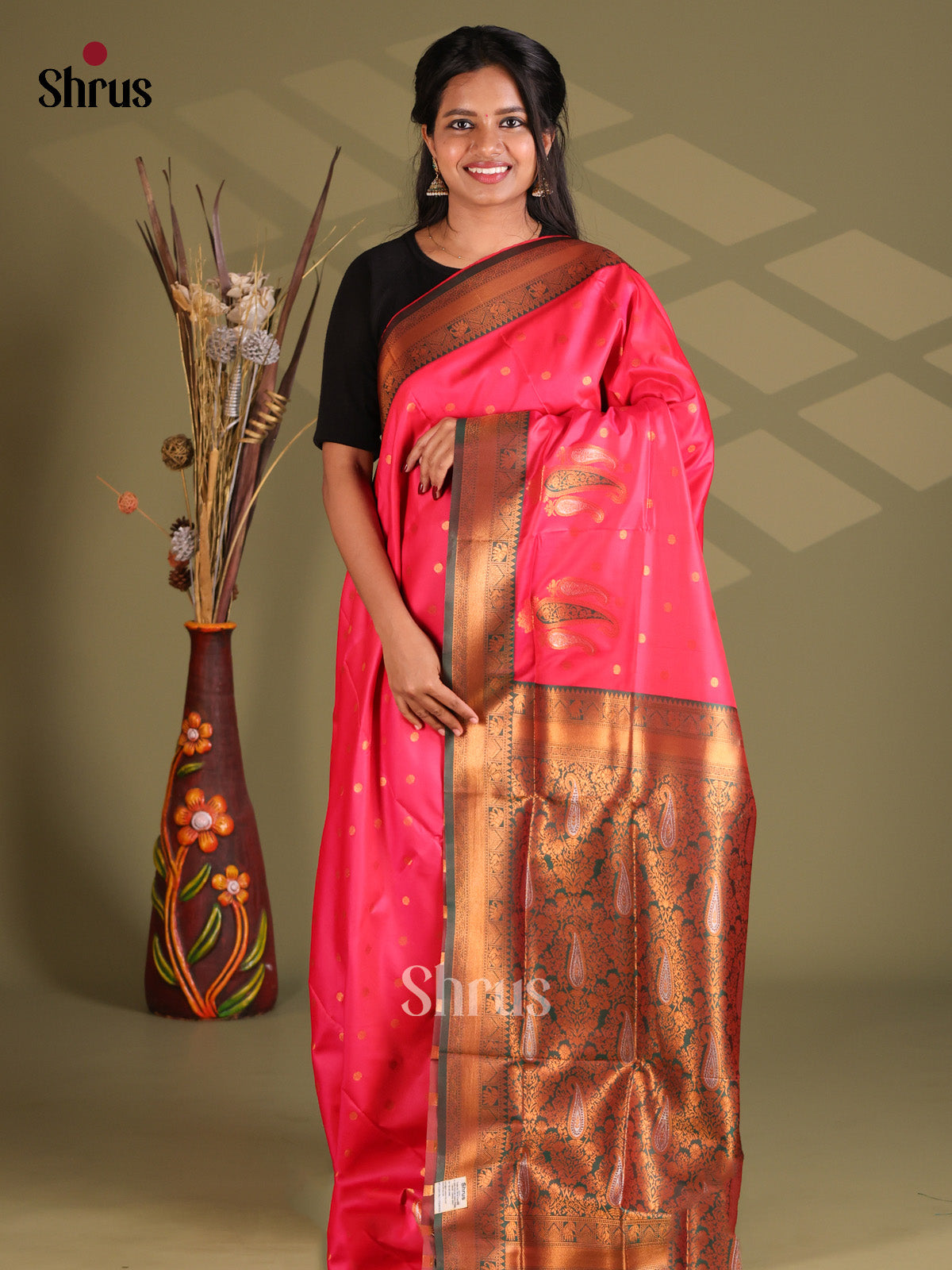 Pink & Green - Semi Softsilk Saree - Shop on Shrus.com