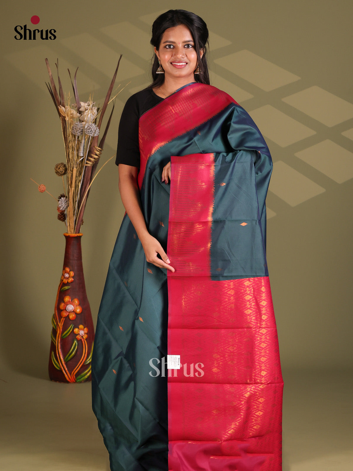Dark Green & Maroon - Semi Softsilk Saree - Shop on Shrus.com