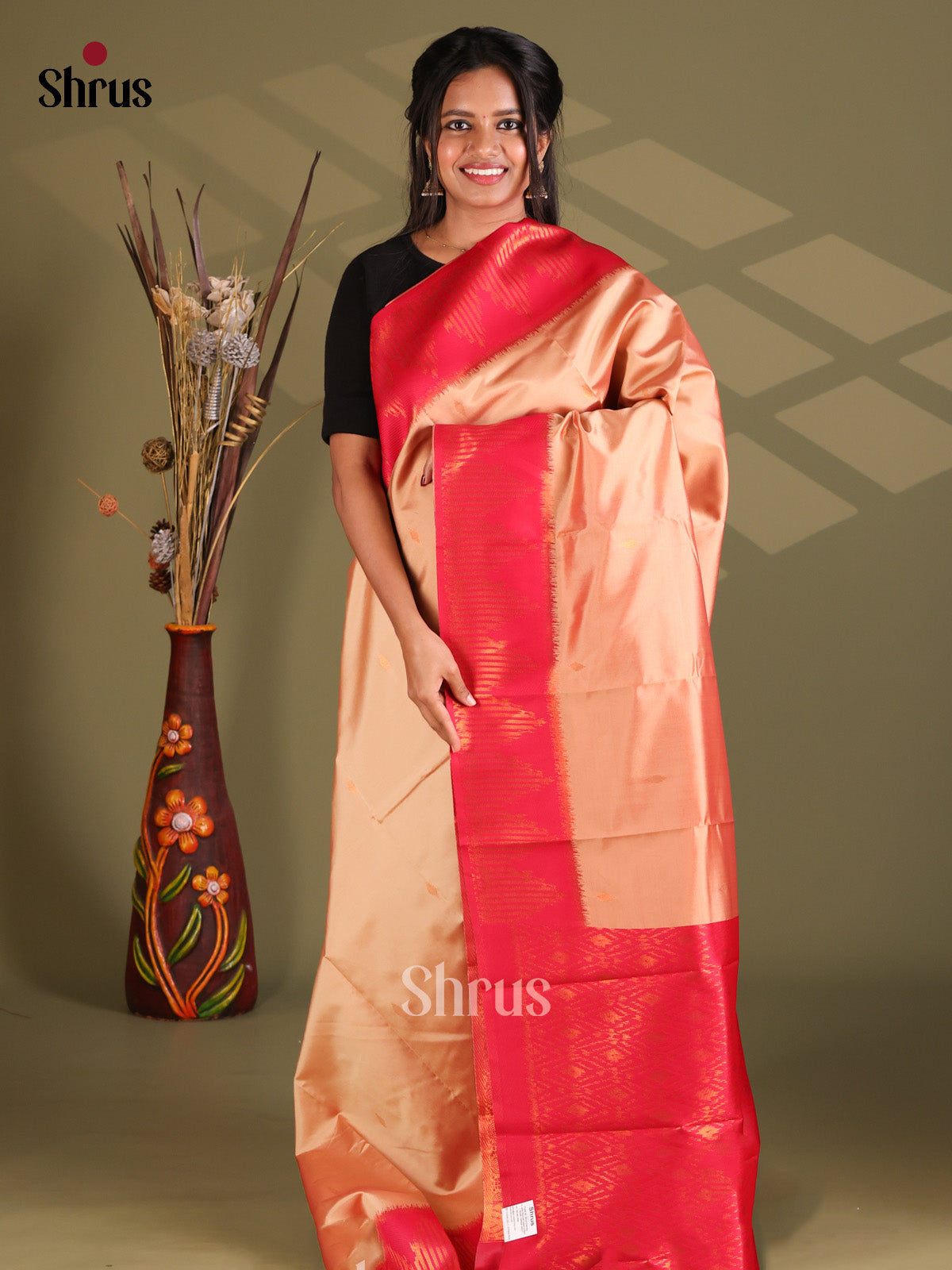 Peach & Red - Semi Softsilk Saree - Shop on Shrus.com