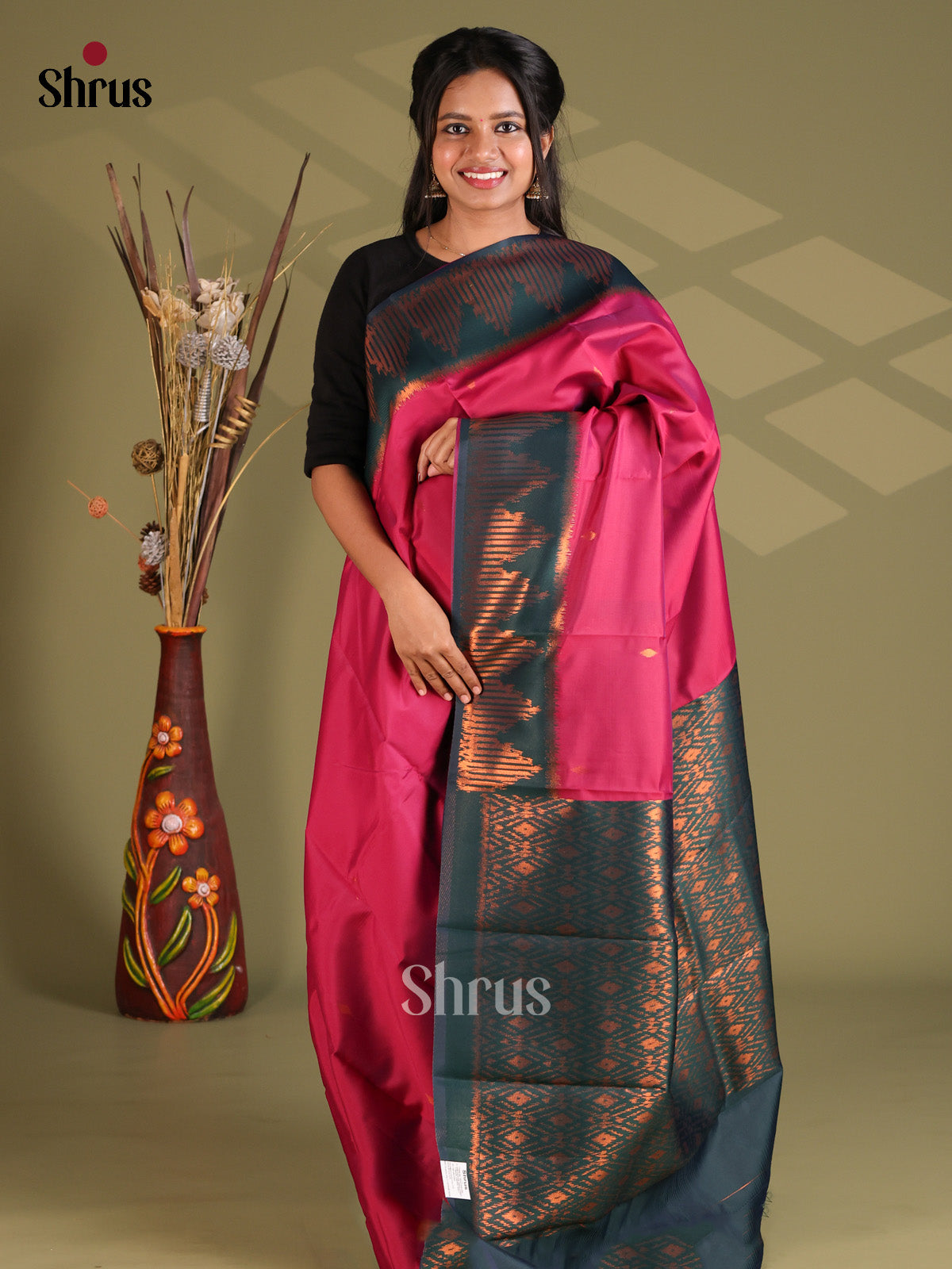 Pink & Green - Semi Softsilk Saree - Shop on Shrus.com