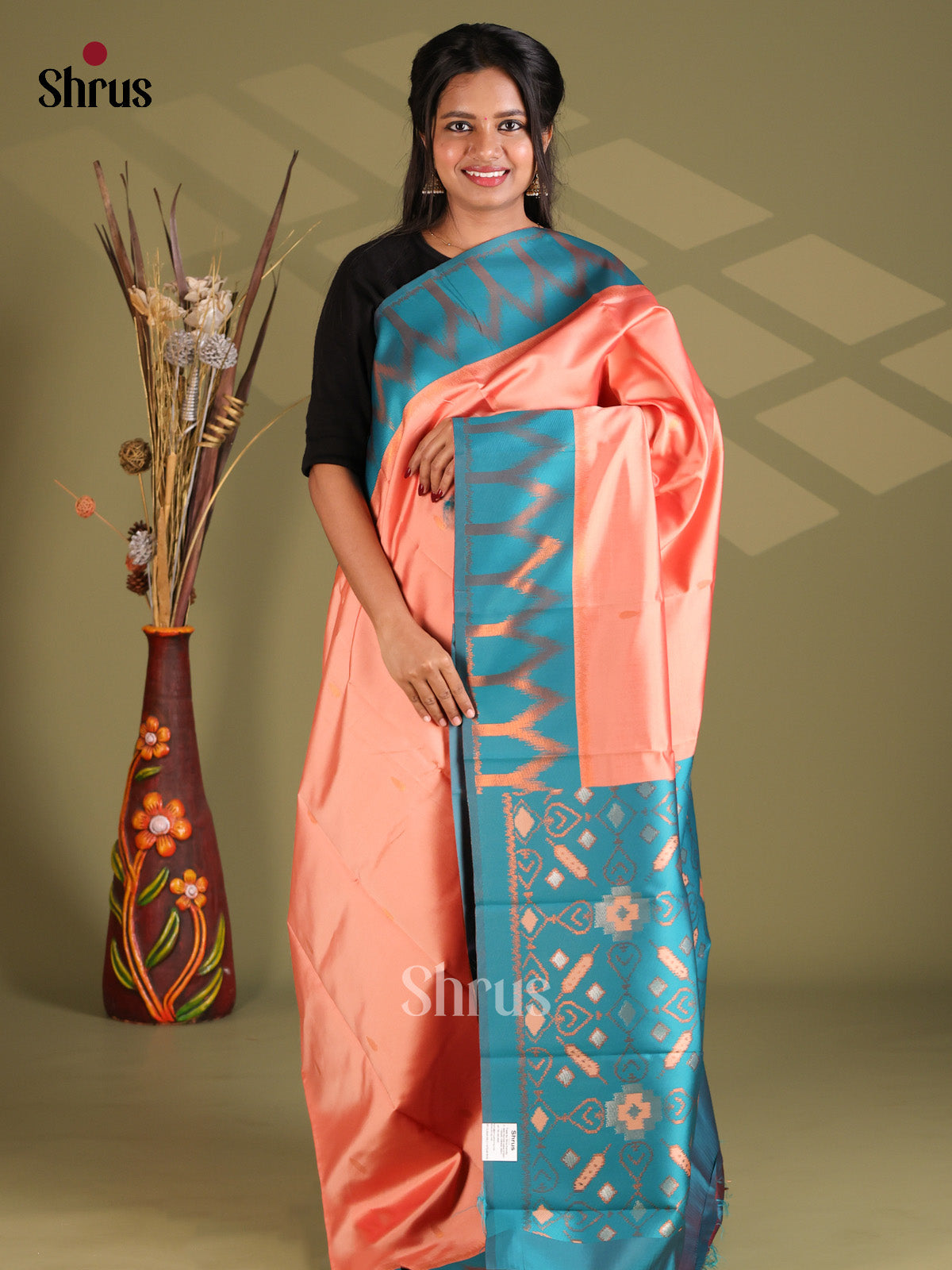 Peach & Green - Semi Softsilk Saree - Shop on Shrus.com
