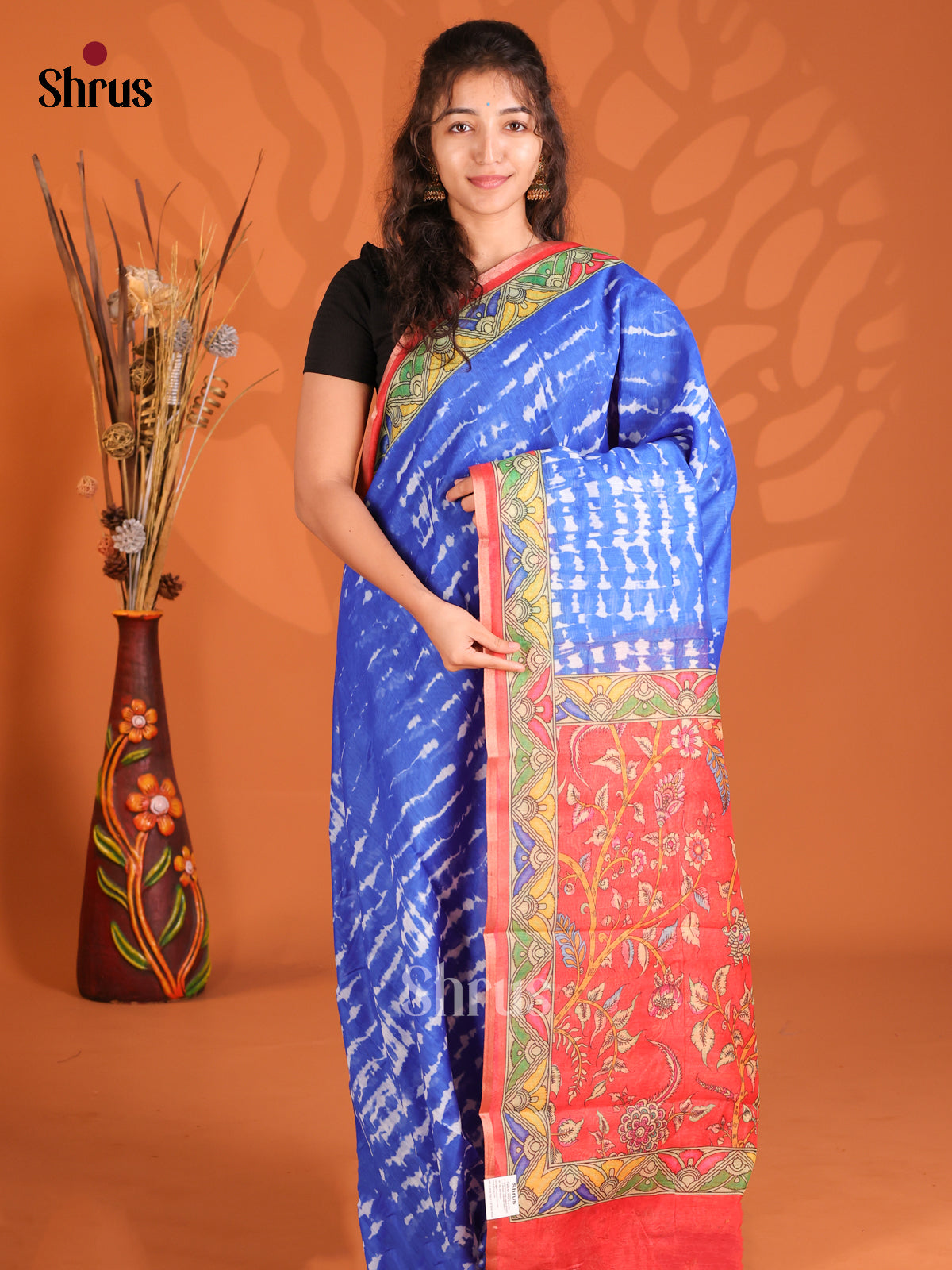 Blue & Red - Semi Maheshwari Print Saree