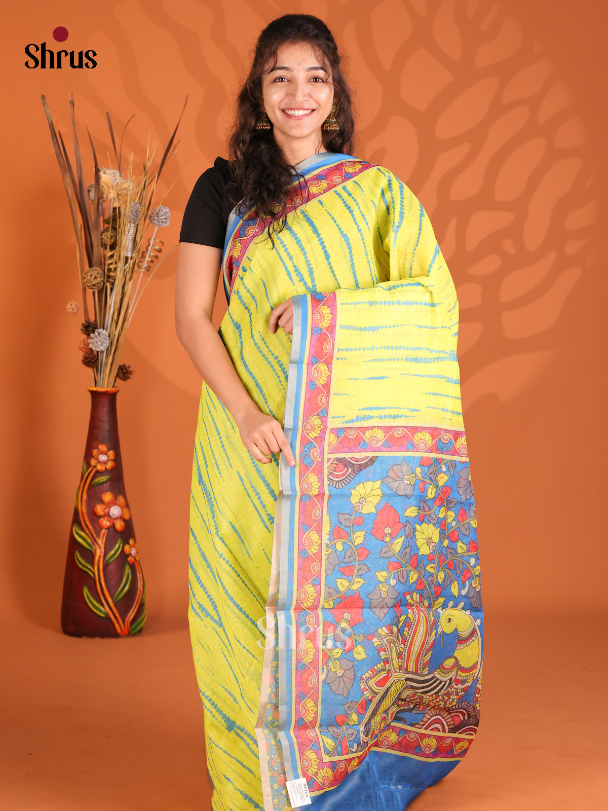 Yellow & Blue - Semi Maheshwari Print Saree