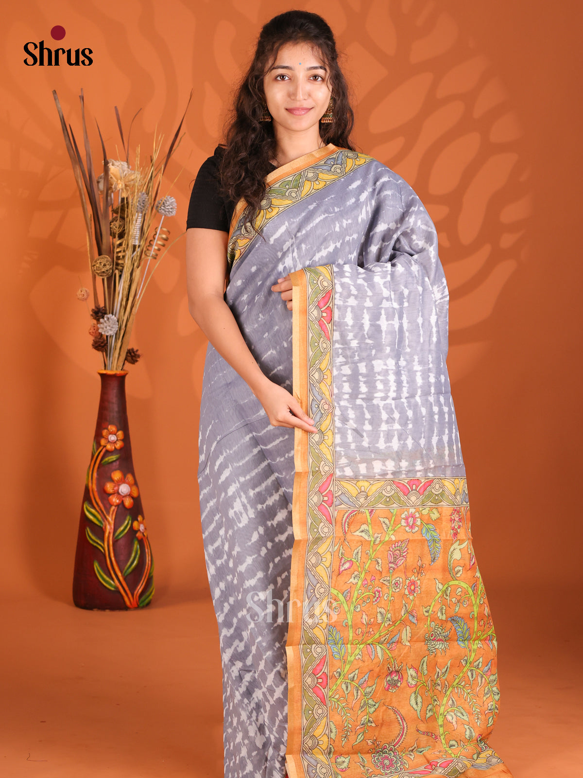 Grey & Orange - Semi Maheshwari Print Saree