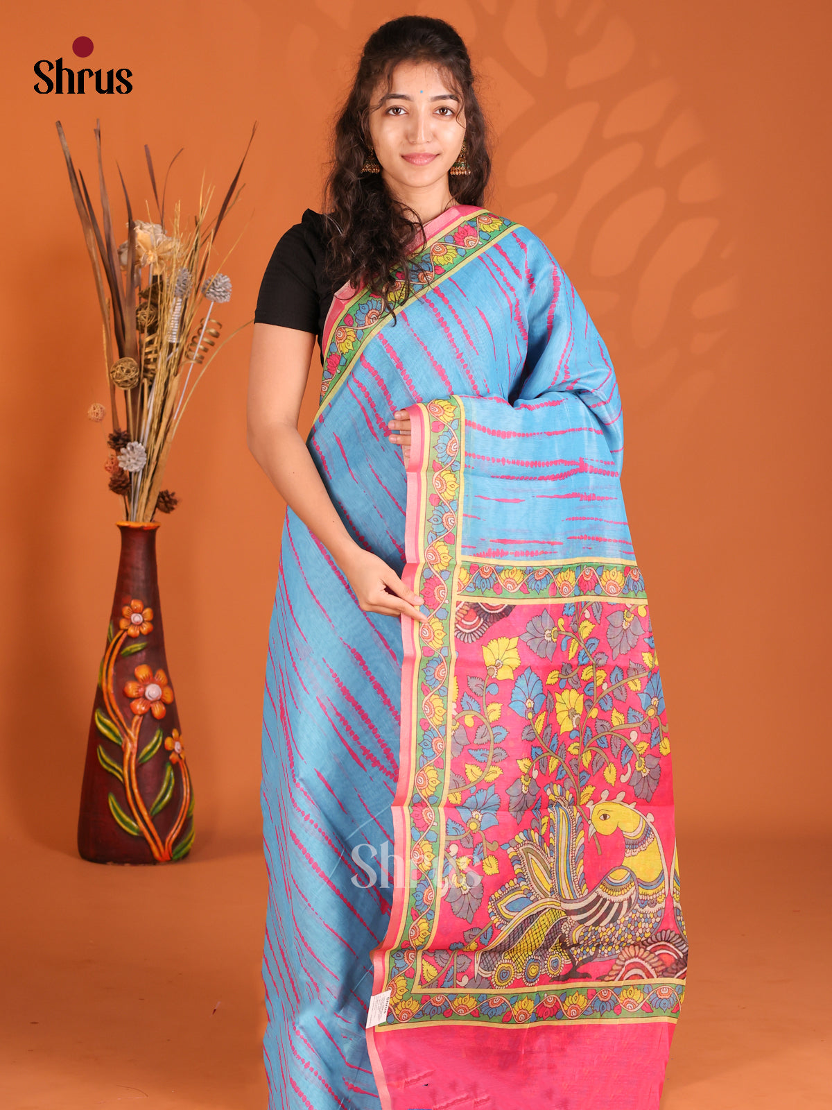 Blue & Pink- Semi Maheshwari Print Saree