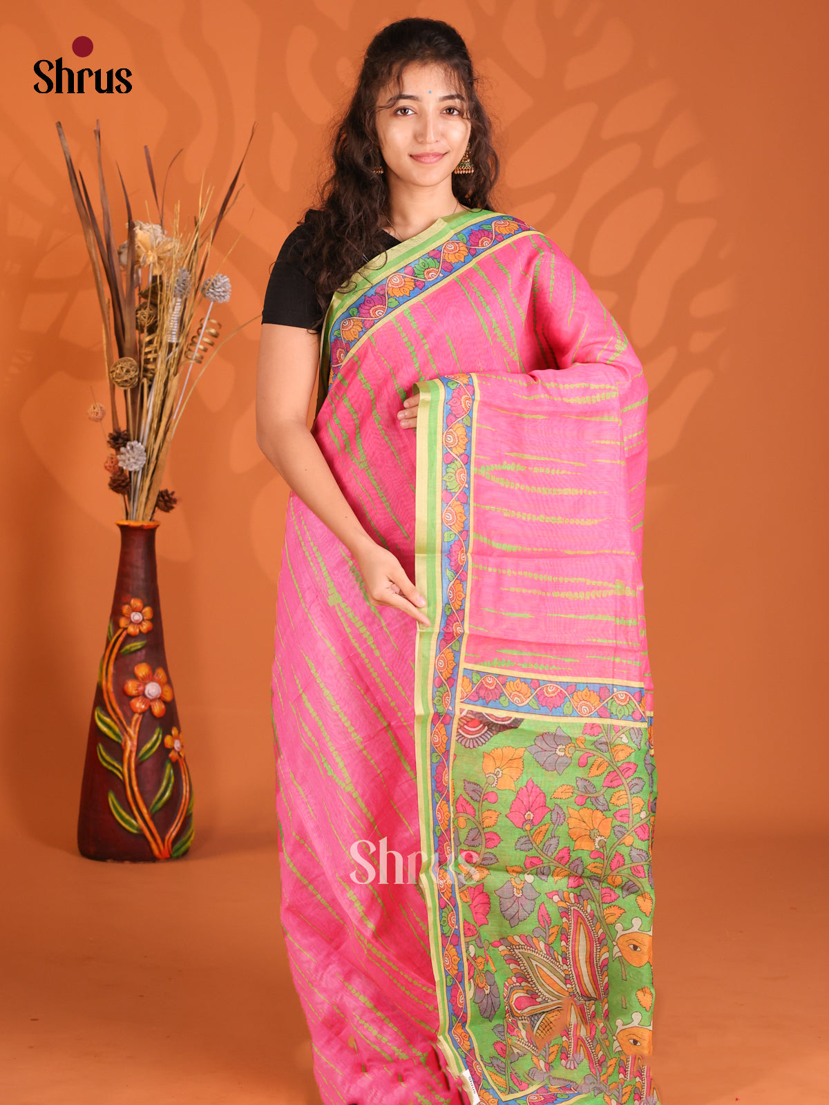 Pink & Green - Semi Maheshwari Print Saree