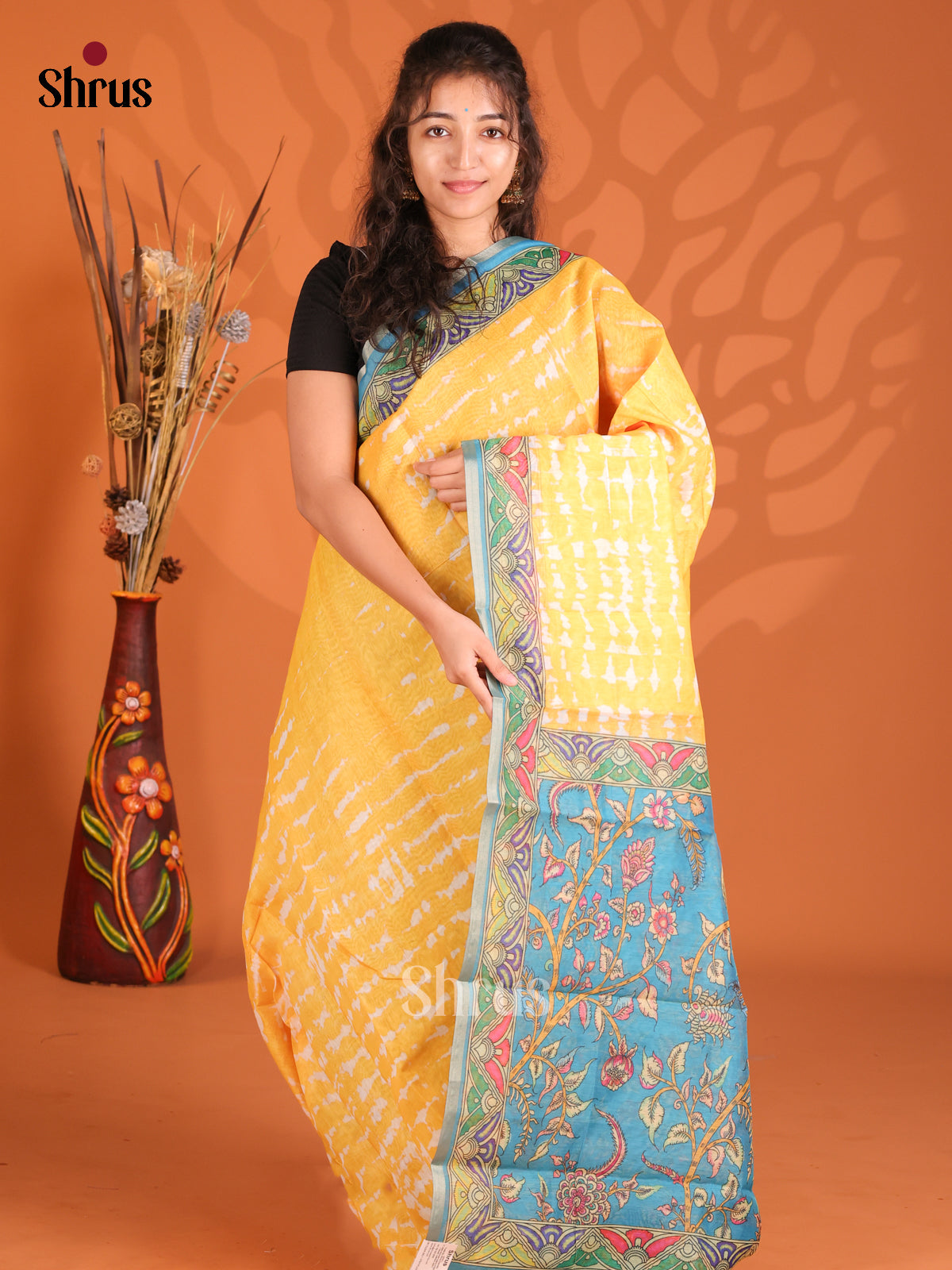 Yellow & Blue - Semi Maheshwari Print Saree