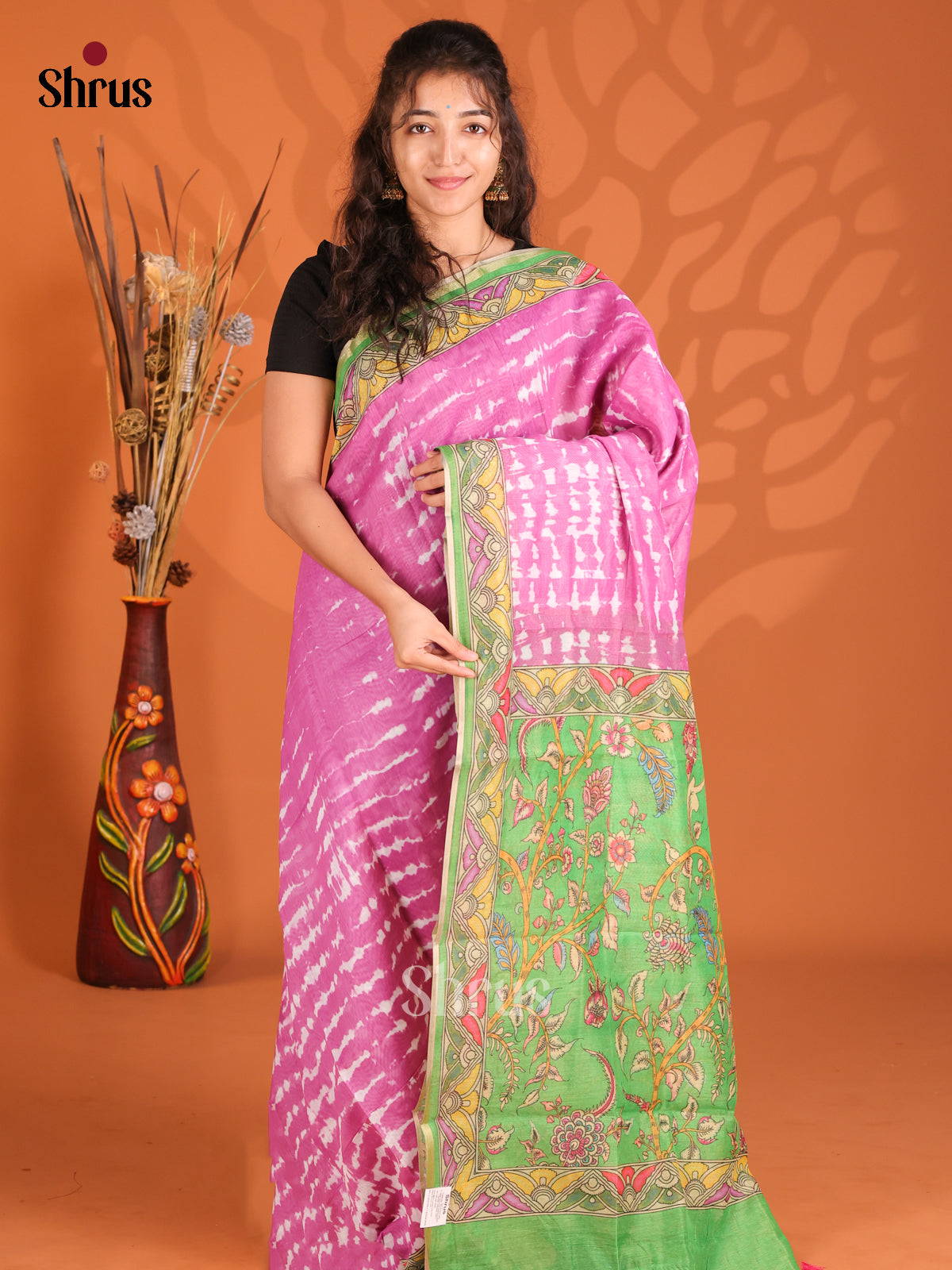 Pink & Green - Semi Maheshwari Print Saree