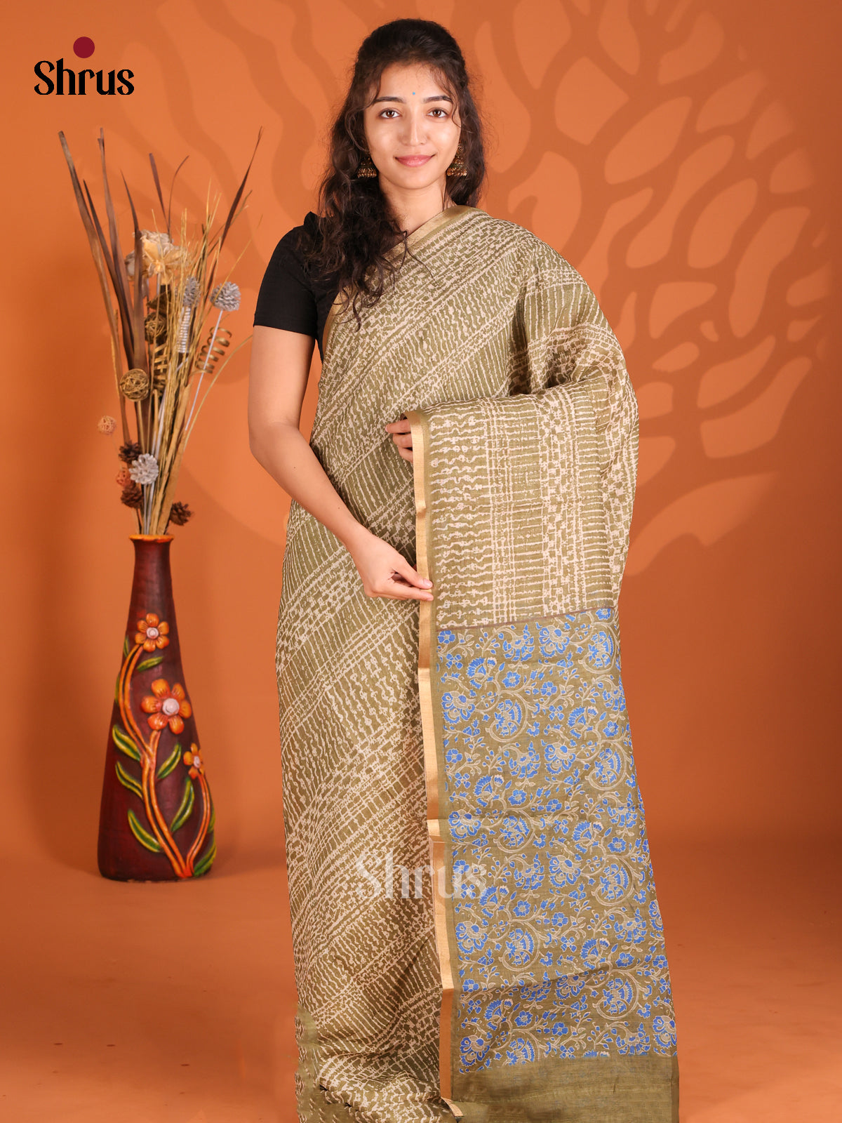 Chutney Green - Semi Maheshwari Print Saree