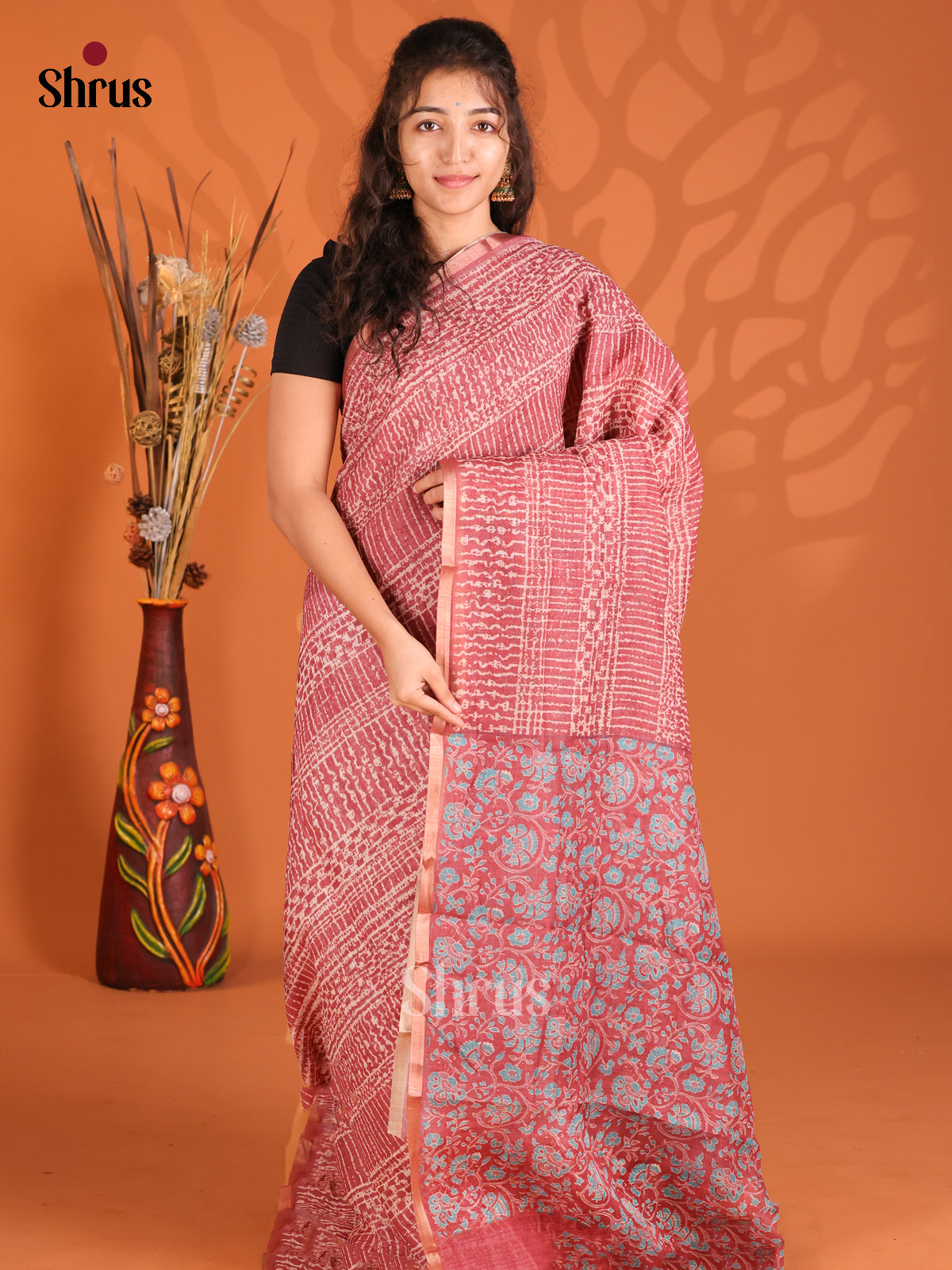 Pink - Semi Maheshwari Print Saree - Shop on Shrus.com