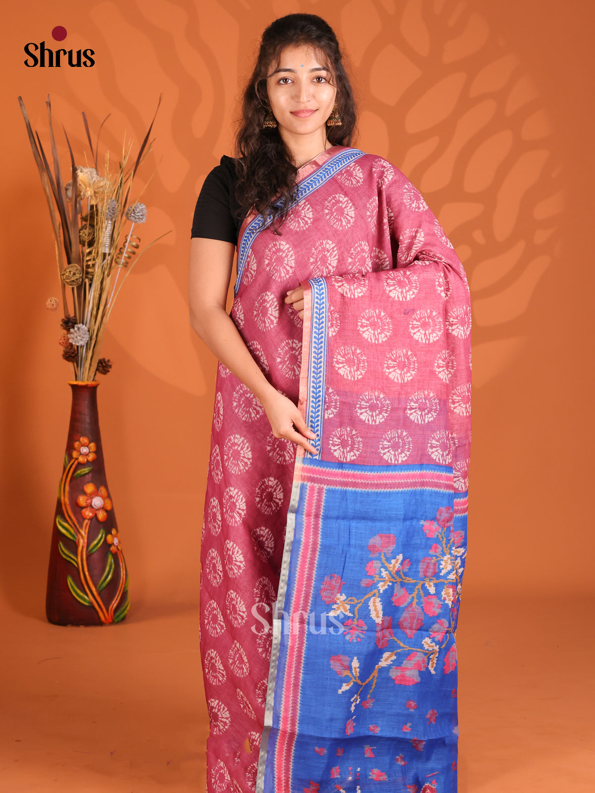 Pink & Blue- Semi Maheshwari Print Saree - Shop on Shrus.com