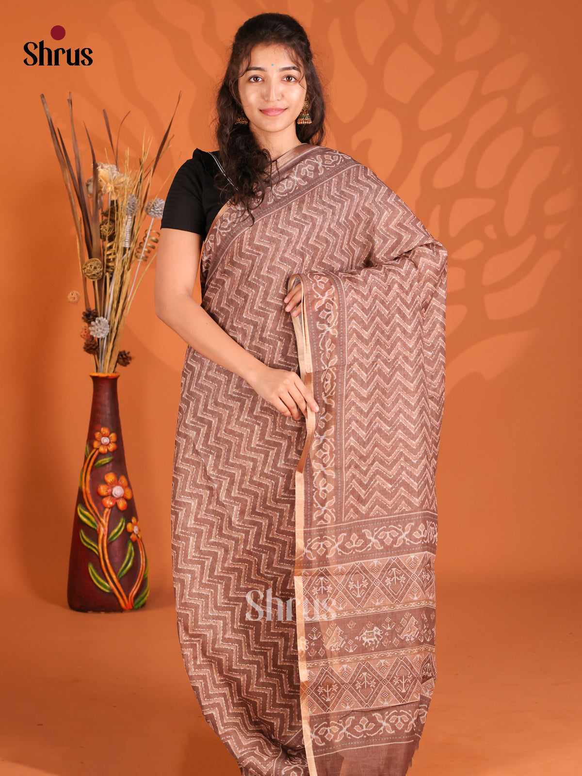 Brown - Semi Maheshwari Print Saree