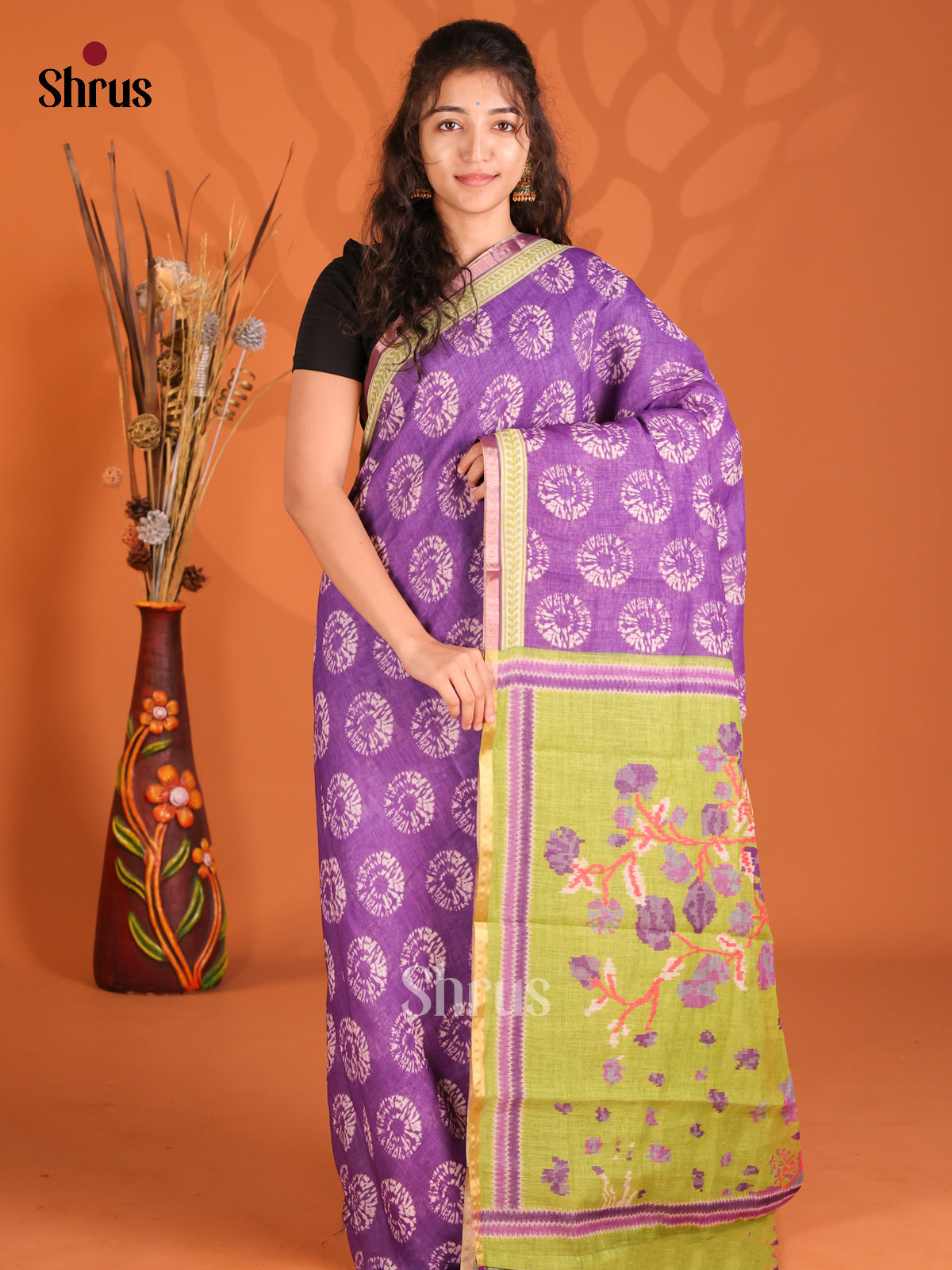 Purple & Green - Semi Maheshwari Print Saree - Shop on Shrus.com