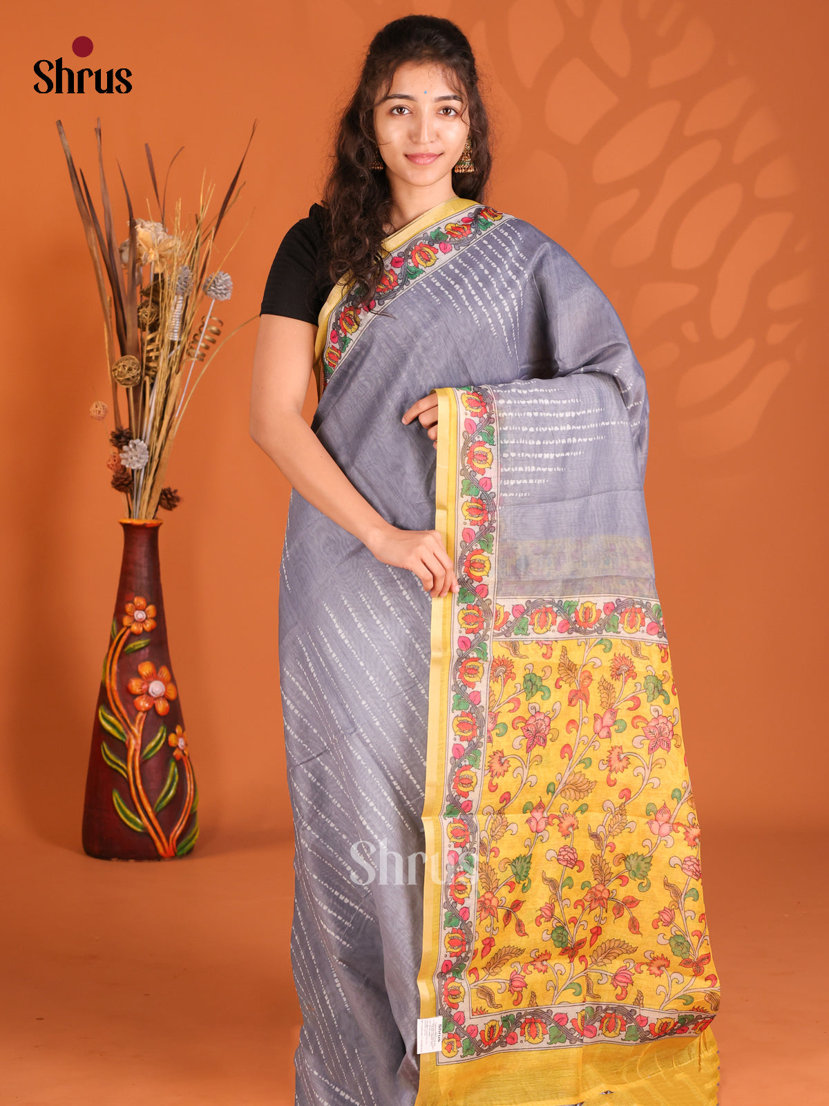 Grey & Yellow - Semi Maheshwari Print Saree