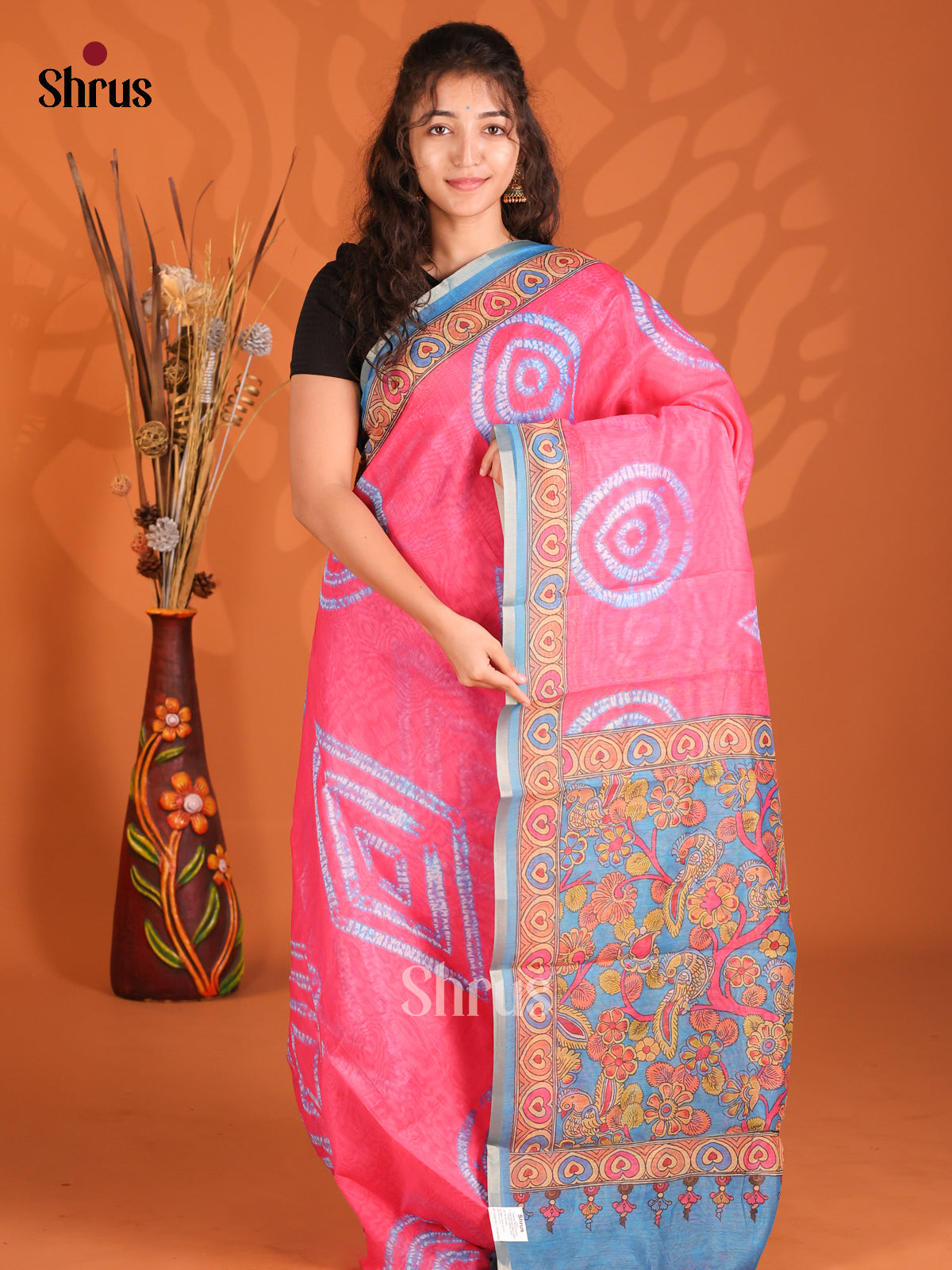 Pink & Blue - Semi Maheshwari Print Saree