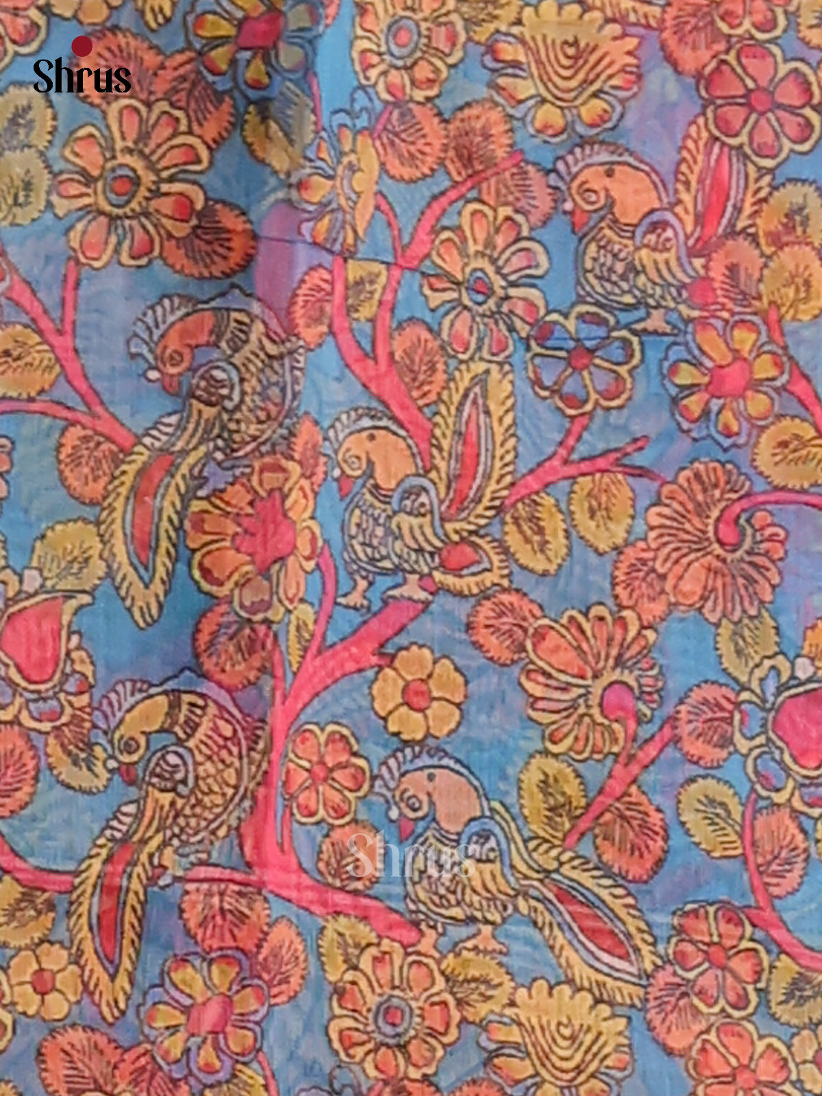 Pink & Blue - Semi Maheshwari Print Saree