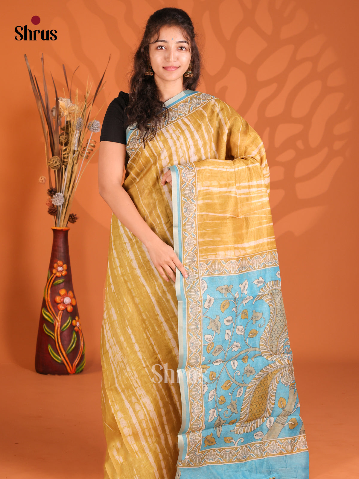 Mustard & Blue - Semi Maheshwari Print Saree