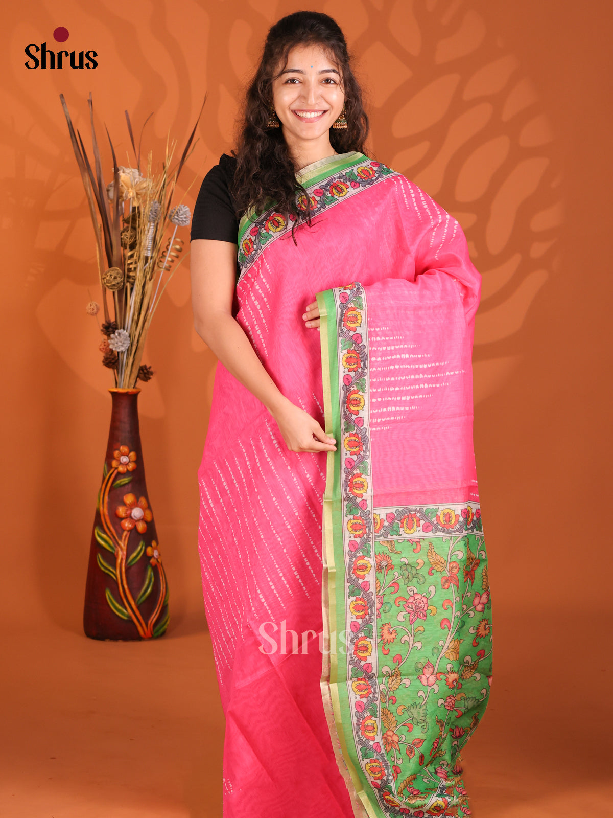 Pink & Green - Semi Maheshwari Print Saree