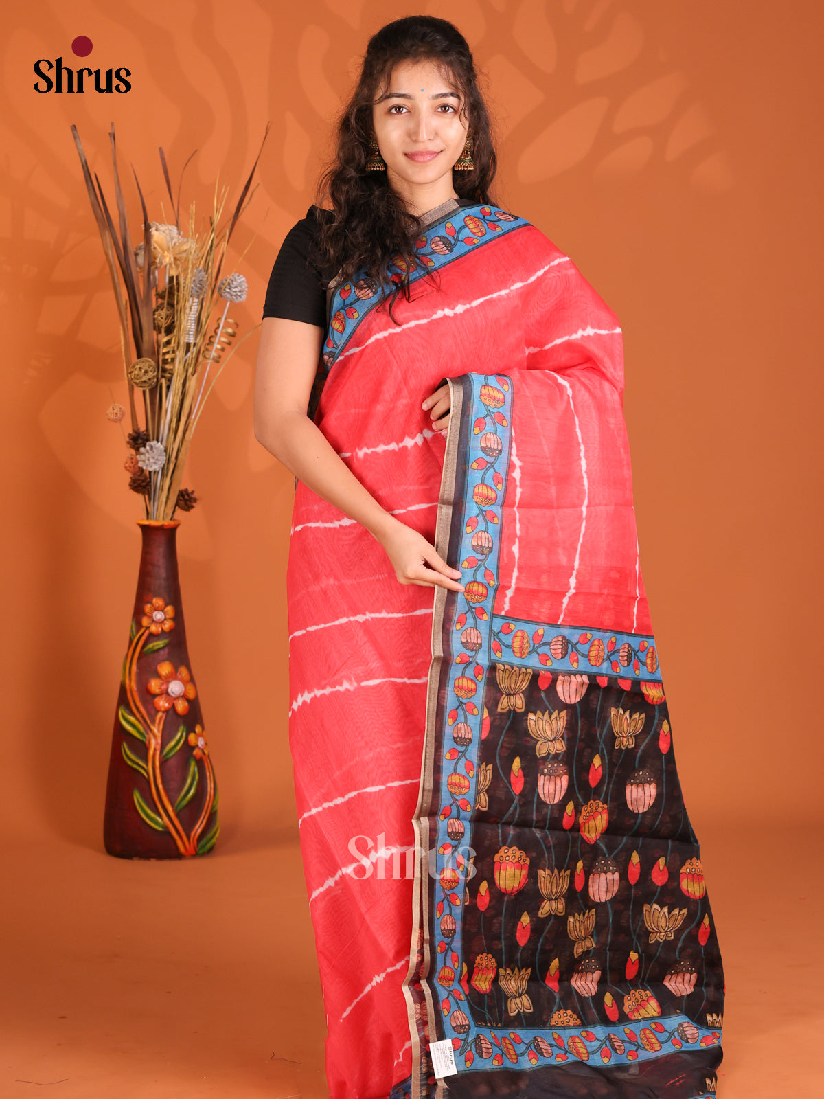 Red & Black - Semi Maheshwari Print Saree