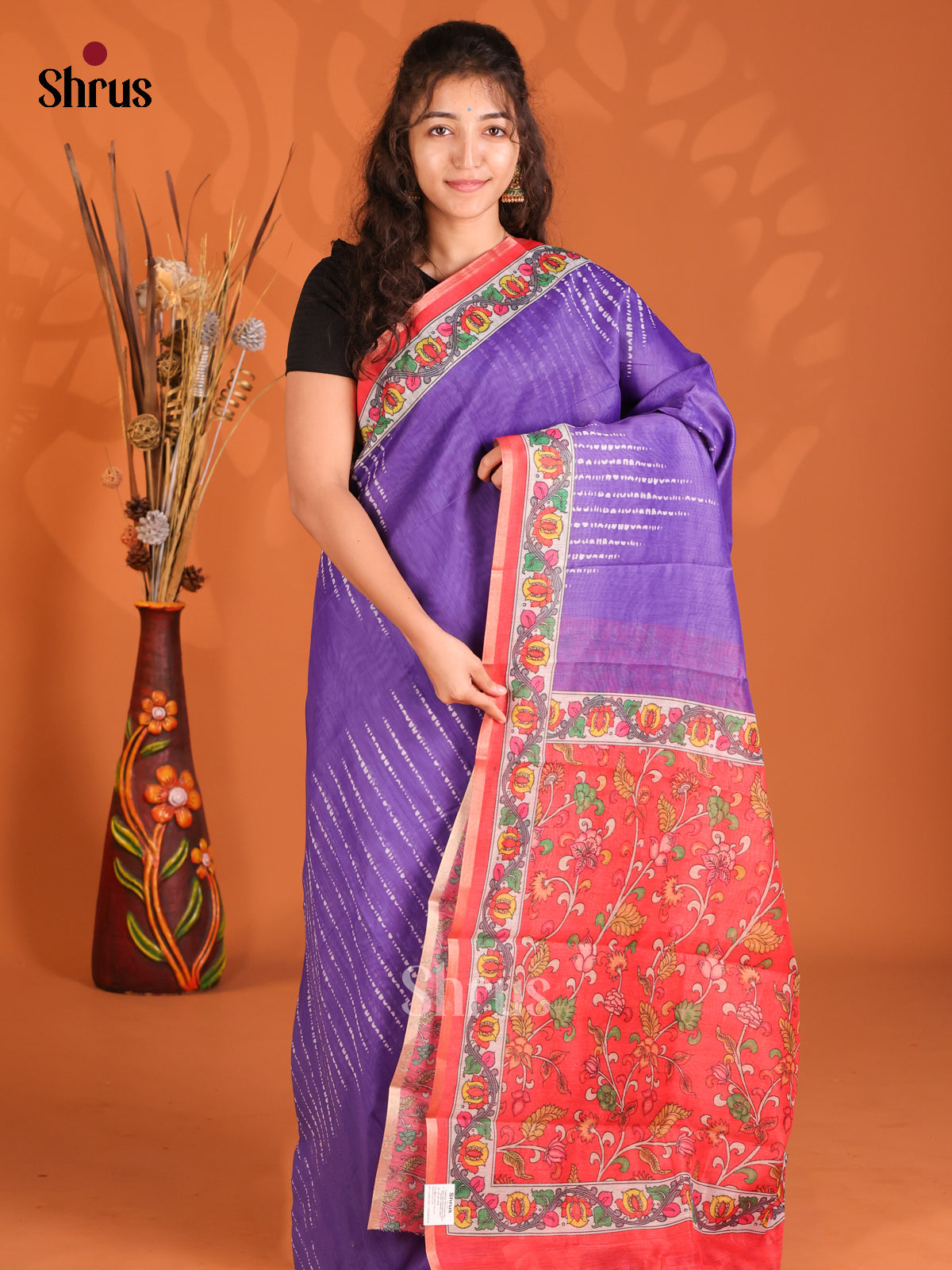 Purple & Red- Semi Maheshwari Print Saree