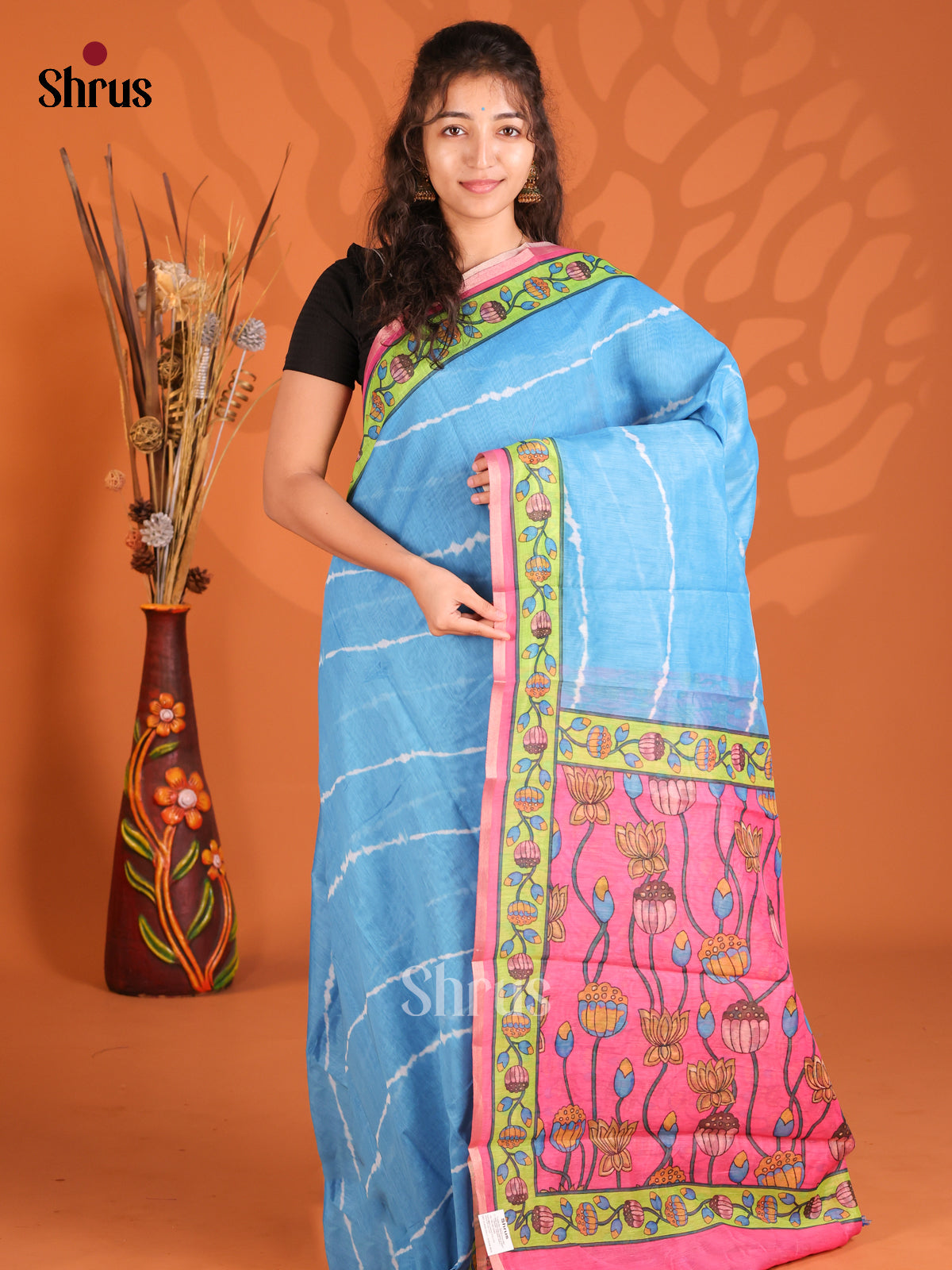 Blue & Pink - Semi Maheshwari Print Saree