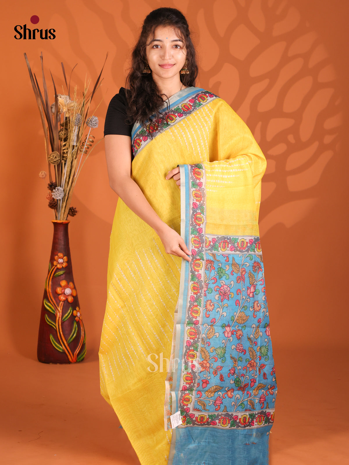 Yellow & Blue - Semi Maheshwari Print Saree - Shop on Shrus.com