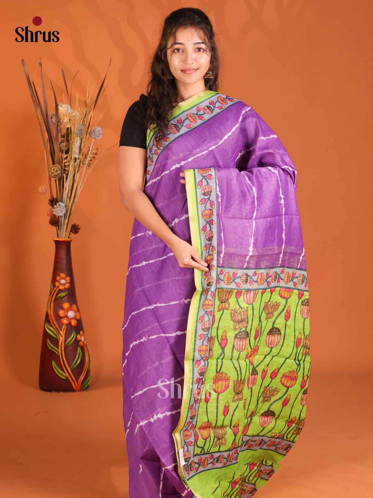 Violet & Green - Semi Maheshwari Print Saree