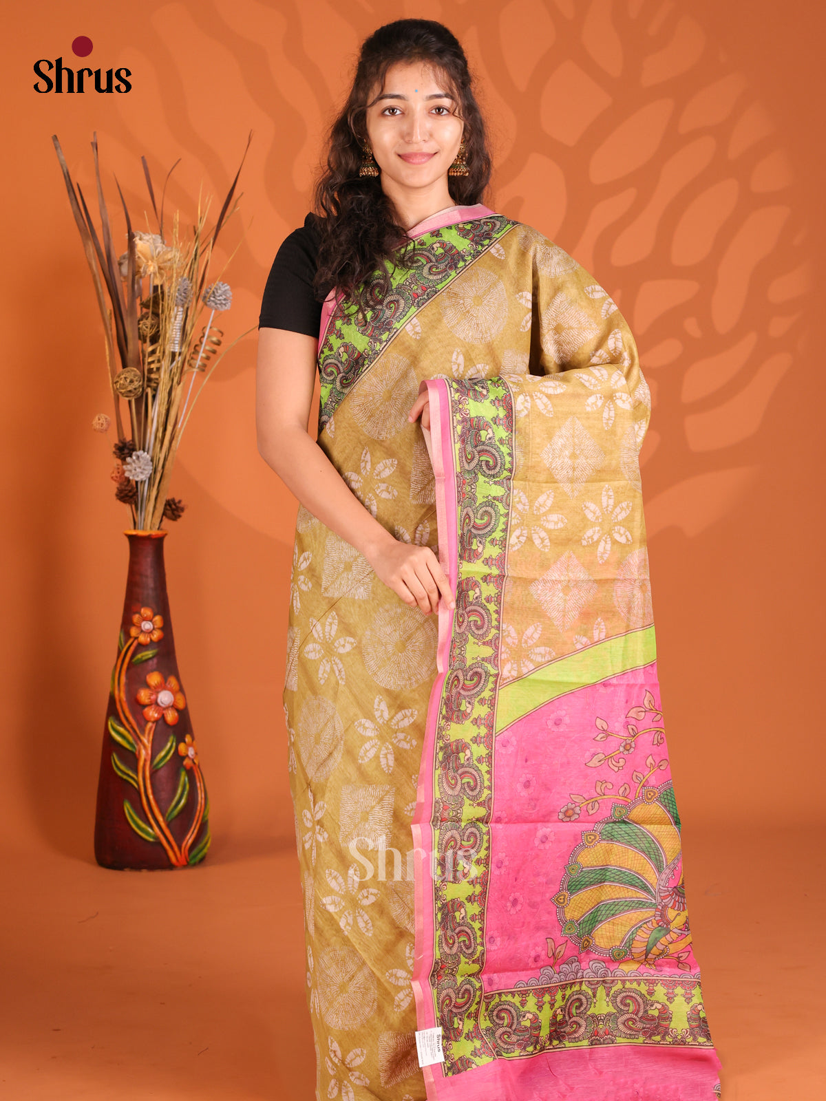 Beige & Pink - Semi Maheshwari Print Saree