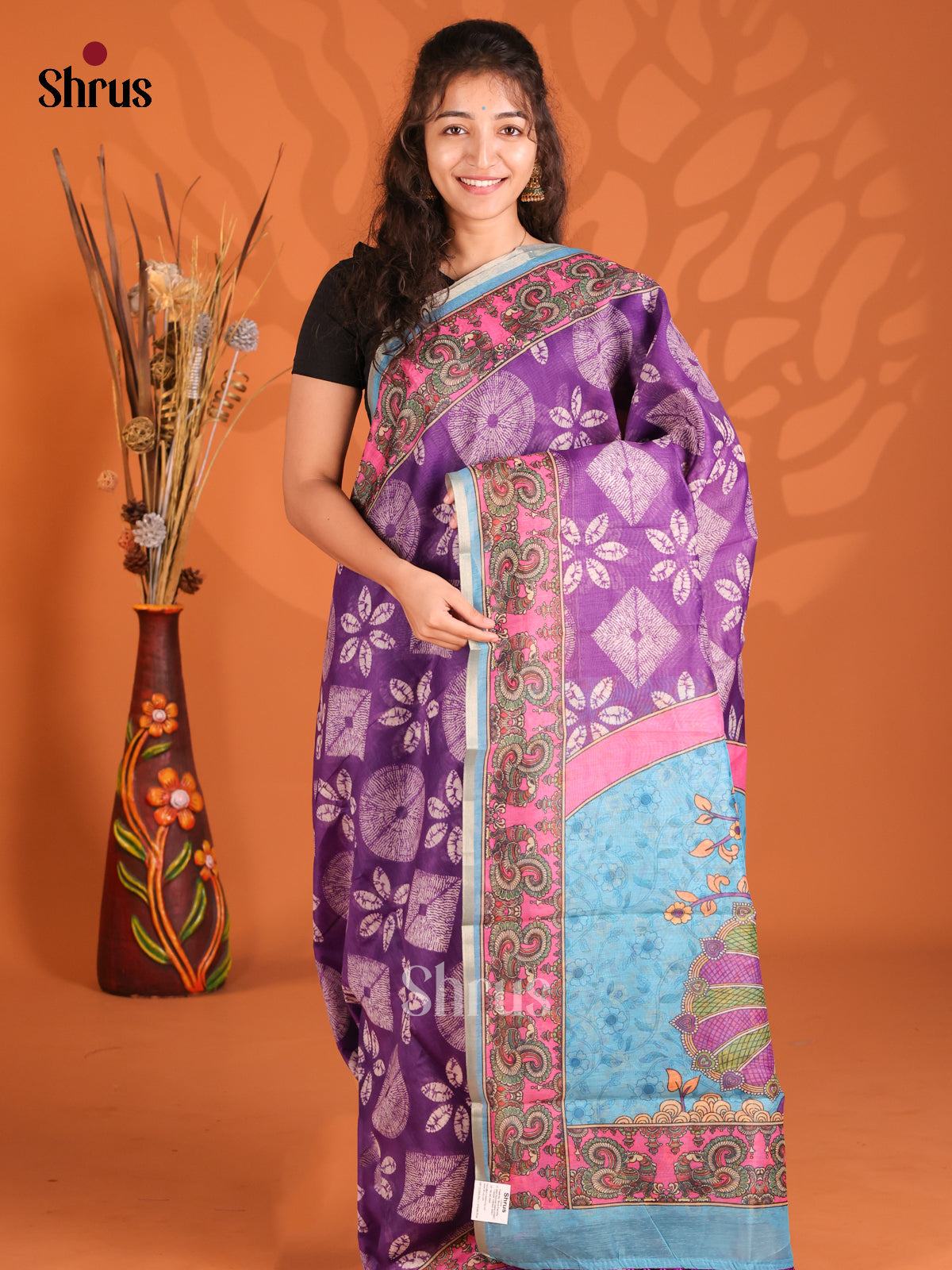 Purple & Blue - Semi Maheshwari Print Saree
