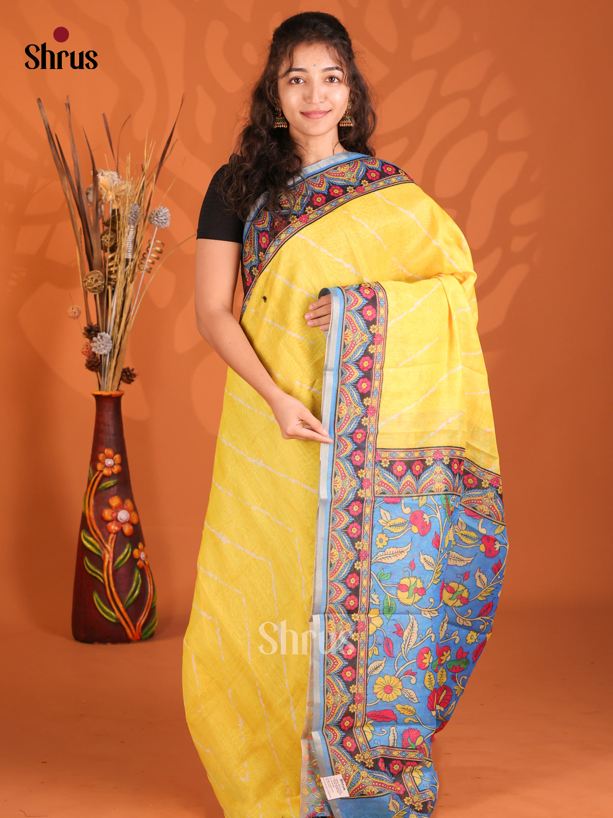 Yellow & Blue - Semi Maheshwari Print Saree