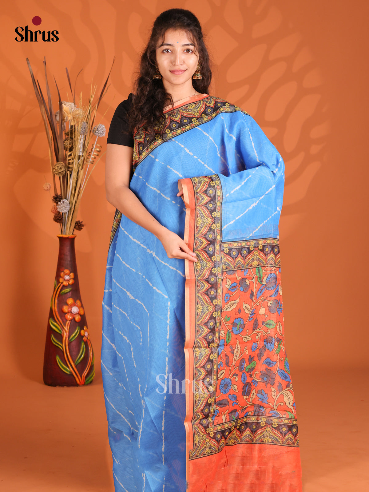 Blue & Orange- Semi Maheshwari Print Saree