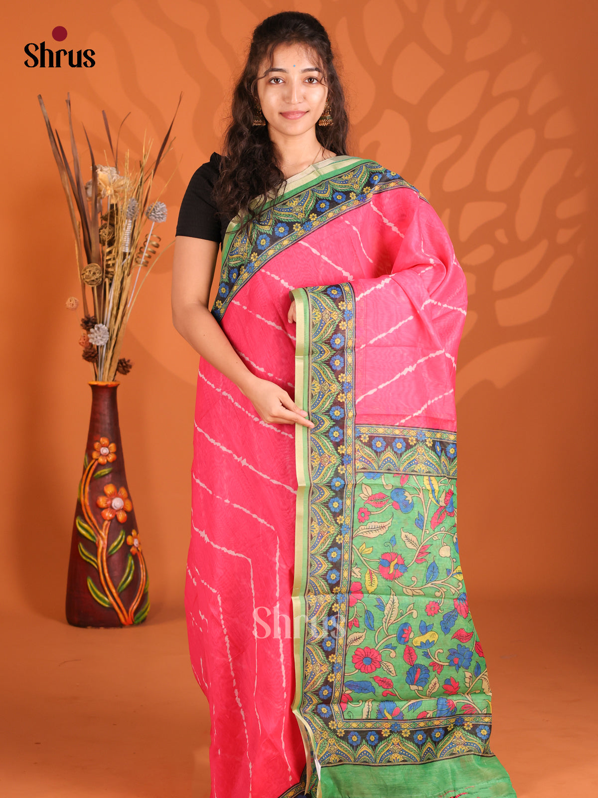 Pink & Green - Semi Maheshwari Print Saree