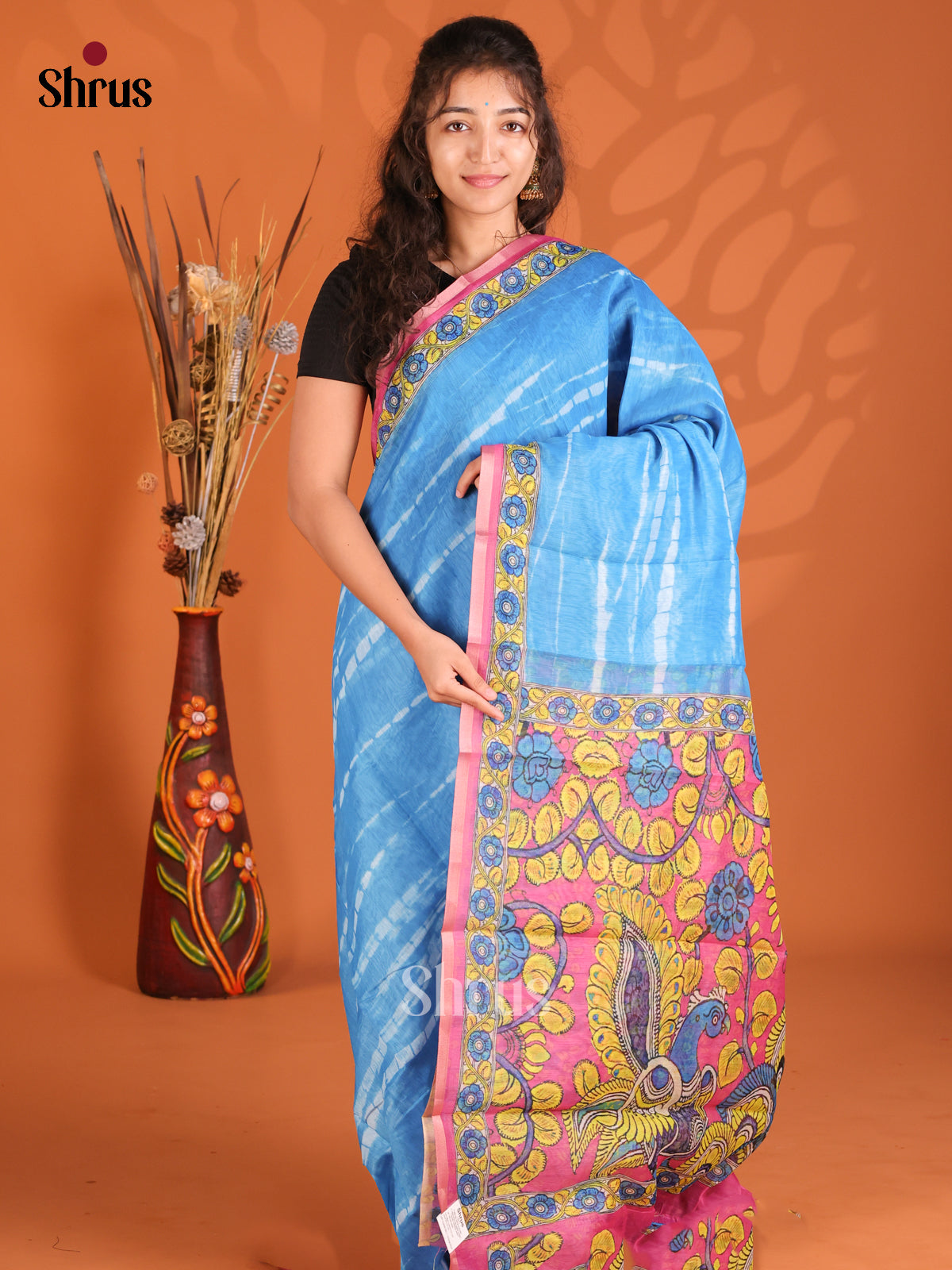Blue & Pink - Semi Maheshwari Print Saree