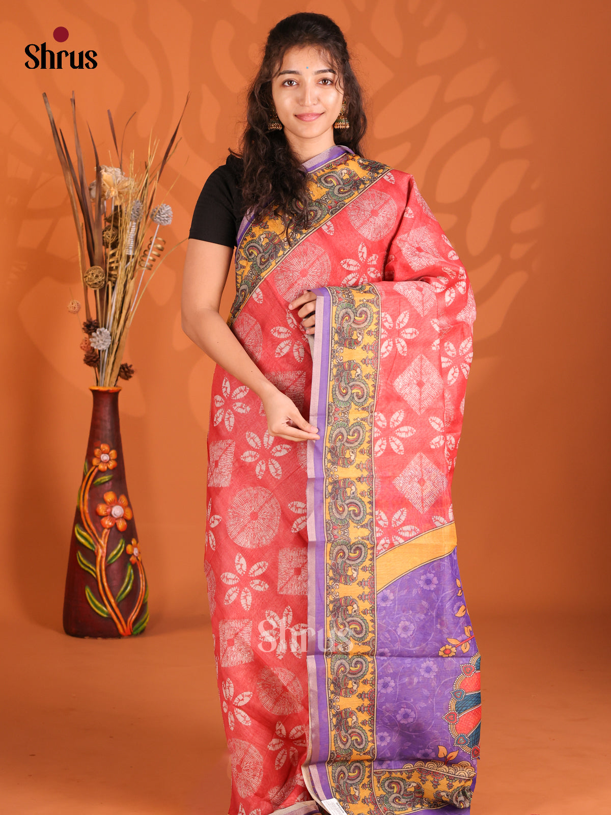 Pink & Violet- Semi Maheshwari Print Saree