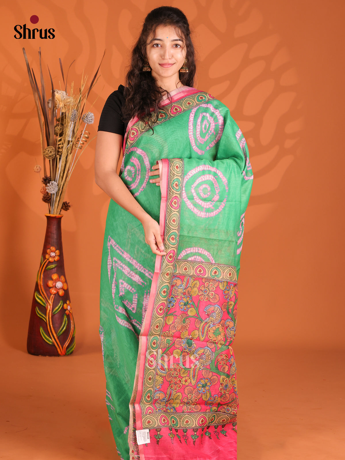 Green & Pink - Semi Maheshwari Print Saree