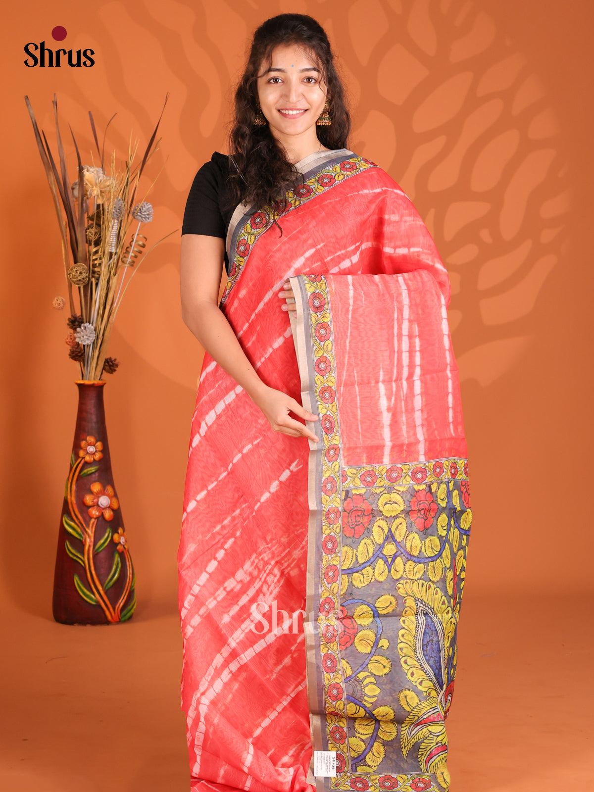 Red & Grey - Semi Maheshwari Print Saree - Shop on Shrus.com