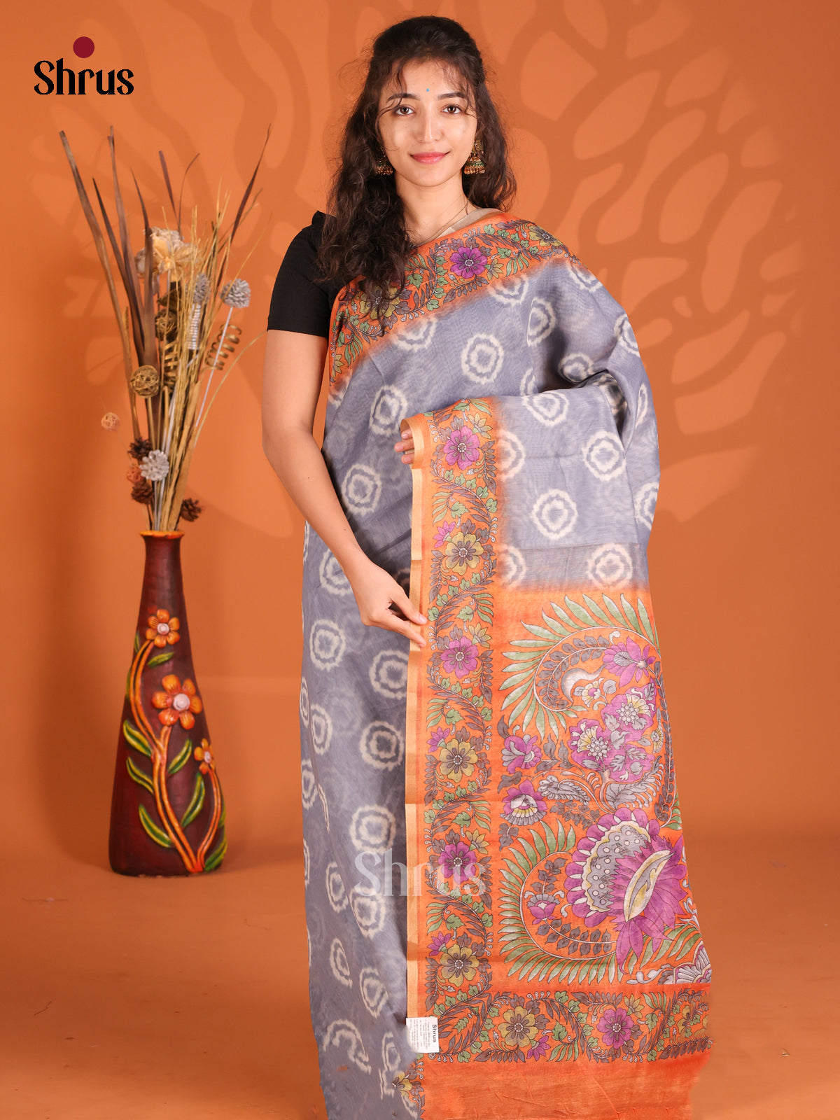 Grey & Orange - Semi Maheshwari Print Saree