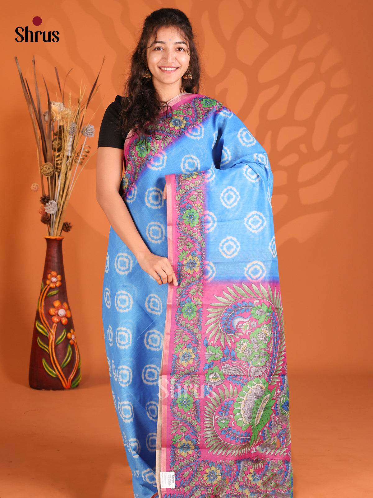 Blue & Pink - Semi Maheshwari Print Saree