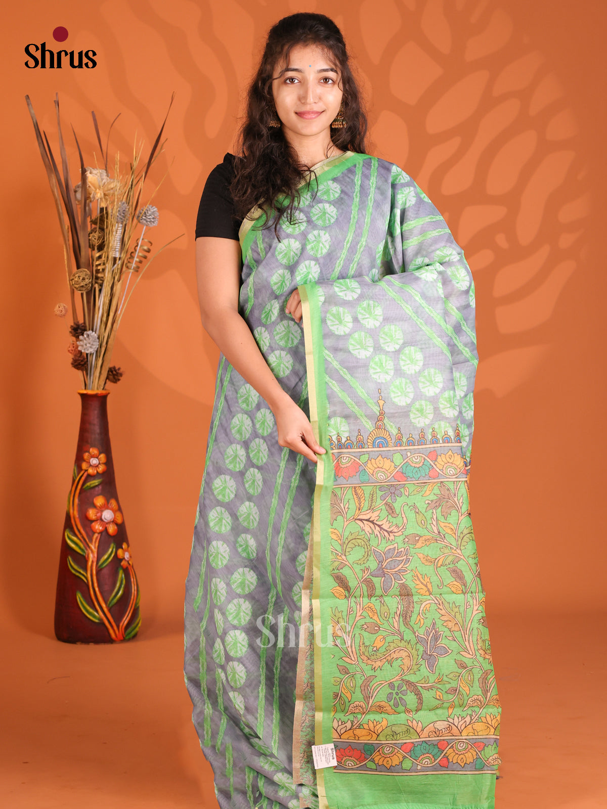 Grey & Green - Semi Maheshwari Print Saree