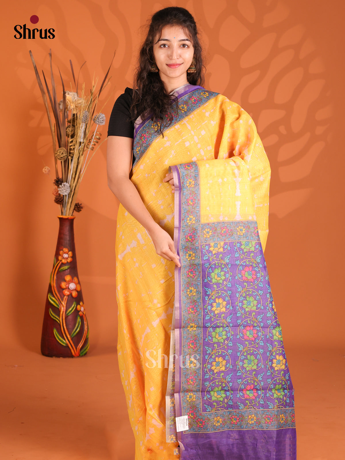 Yellow & Purple - Semi Maheshwari Print Saree