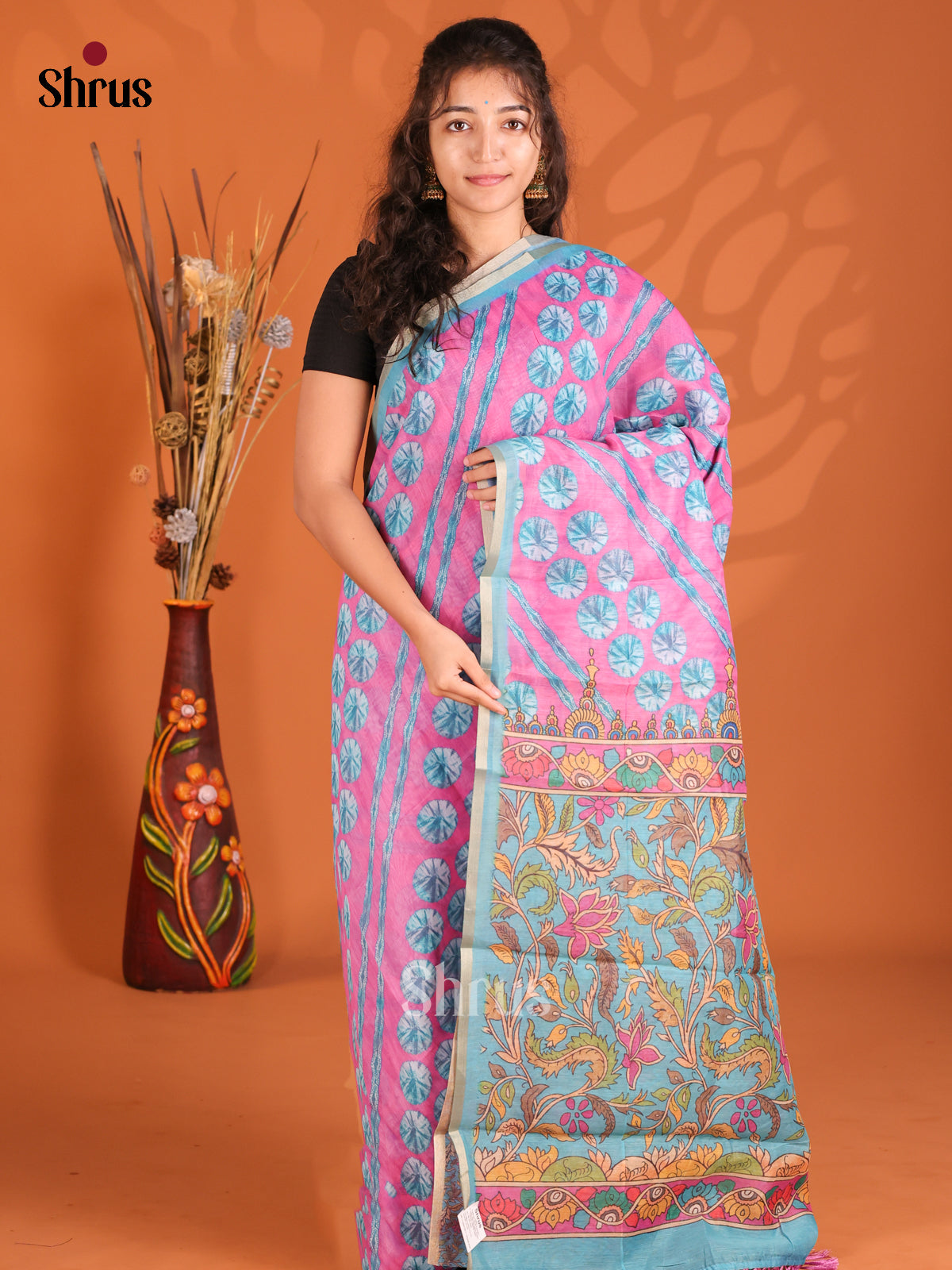 Pink & blue - Semi Maheshwari Print Saree