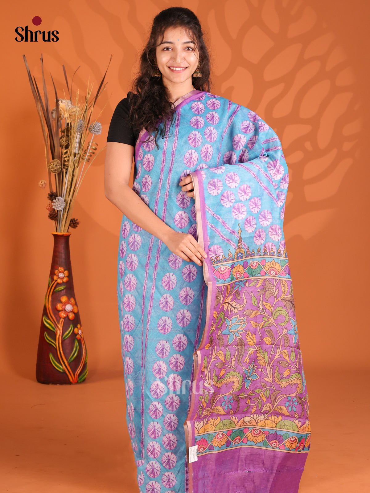 Blue & Purple - Semi Maheshwari Print Saree