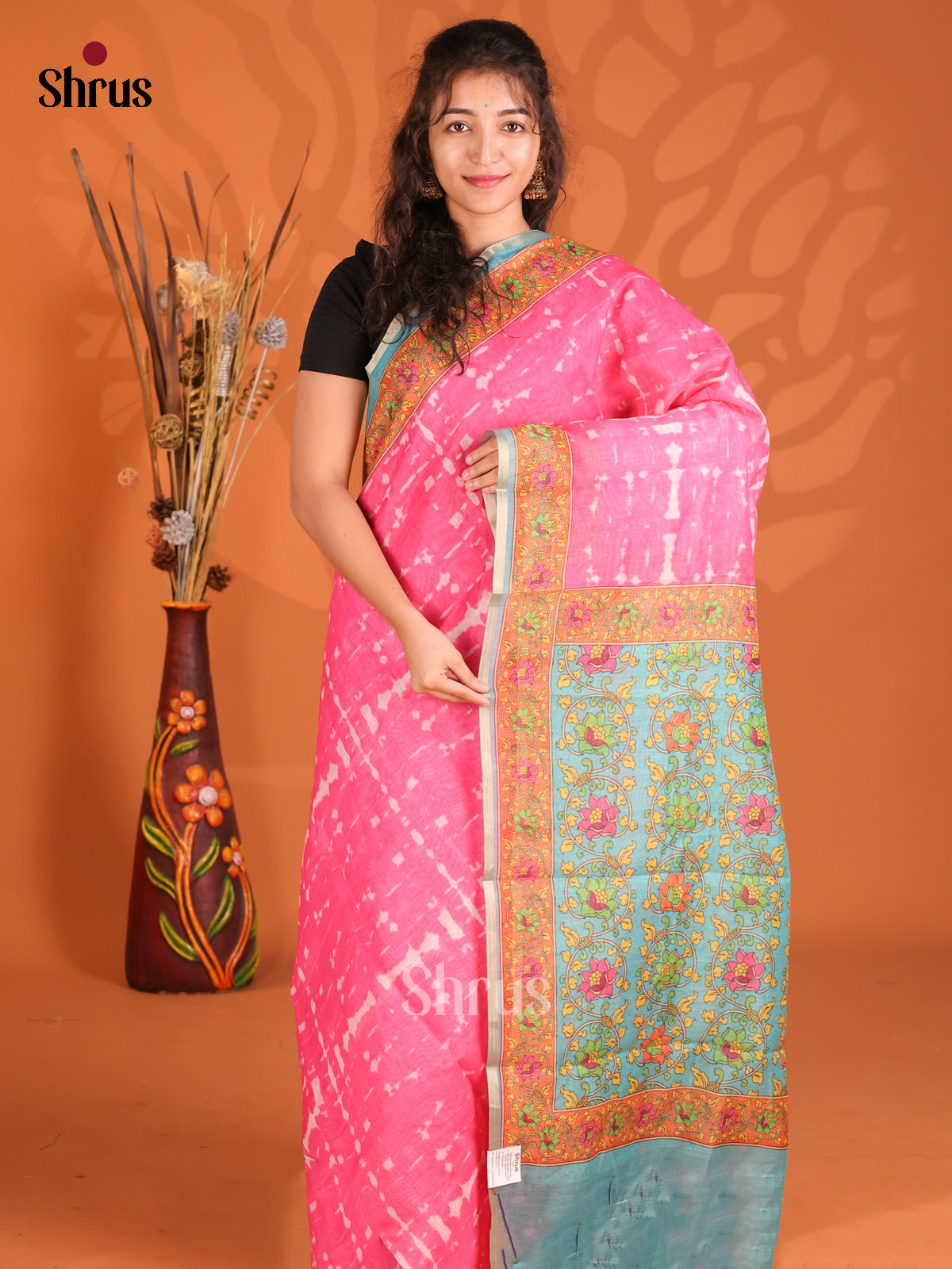 Pink & Blue - Semi Maheshwari Print Saree