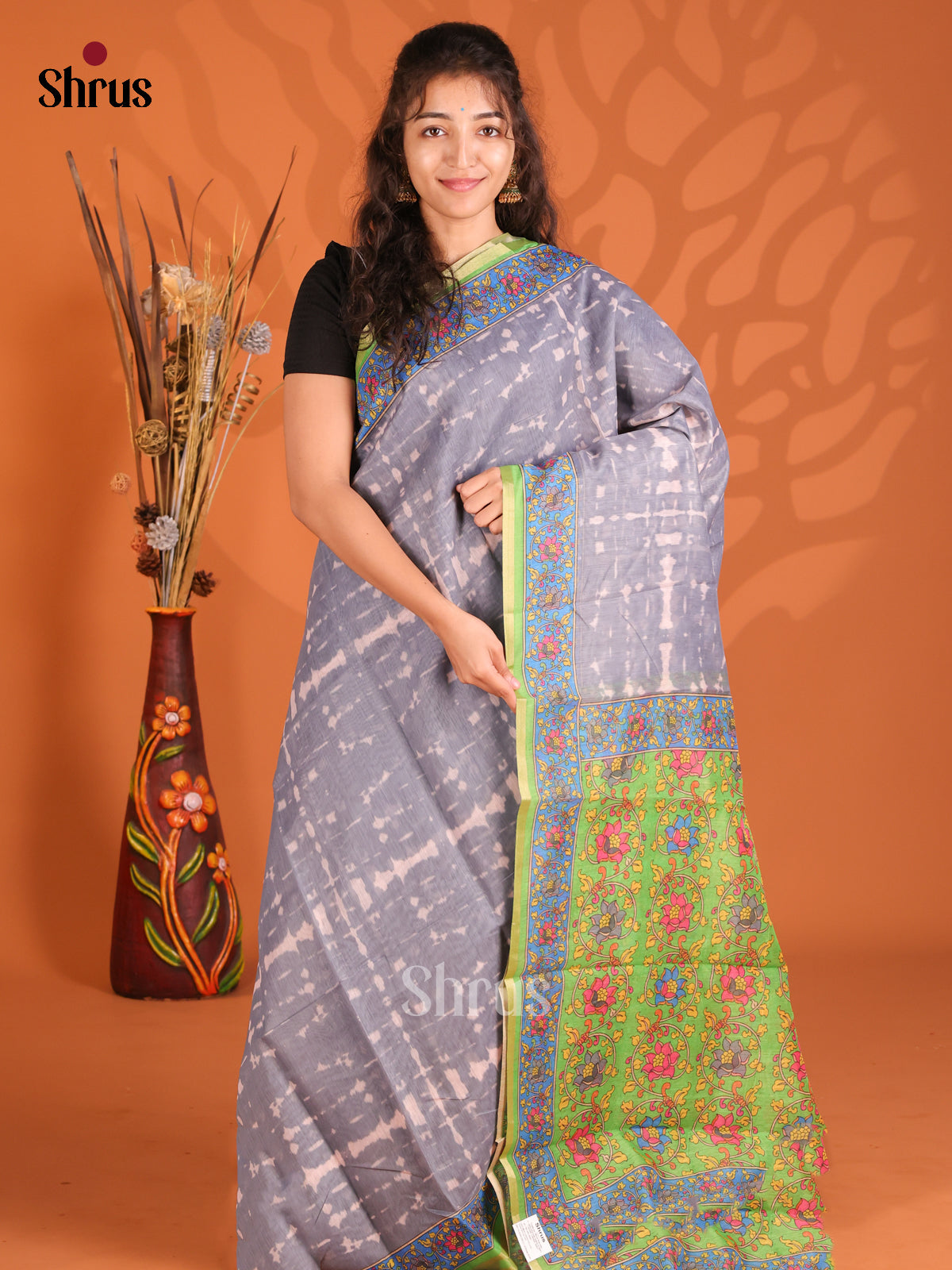 Grey & Light Green - Semi Maheshwari Print Saree
