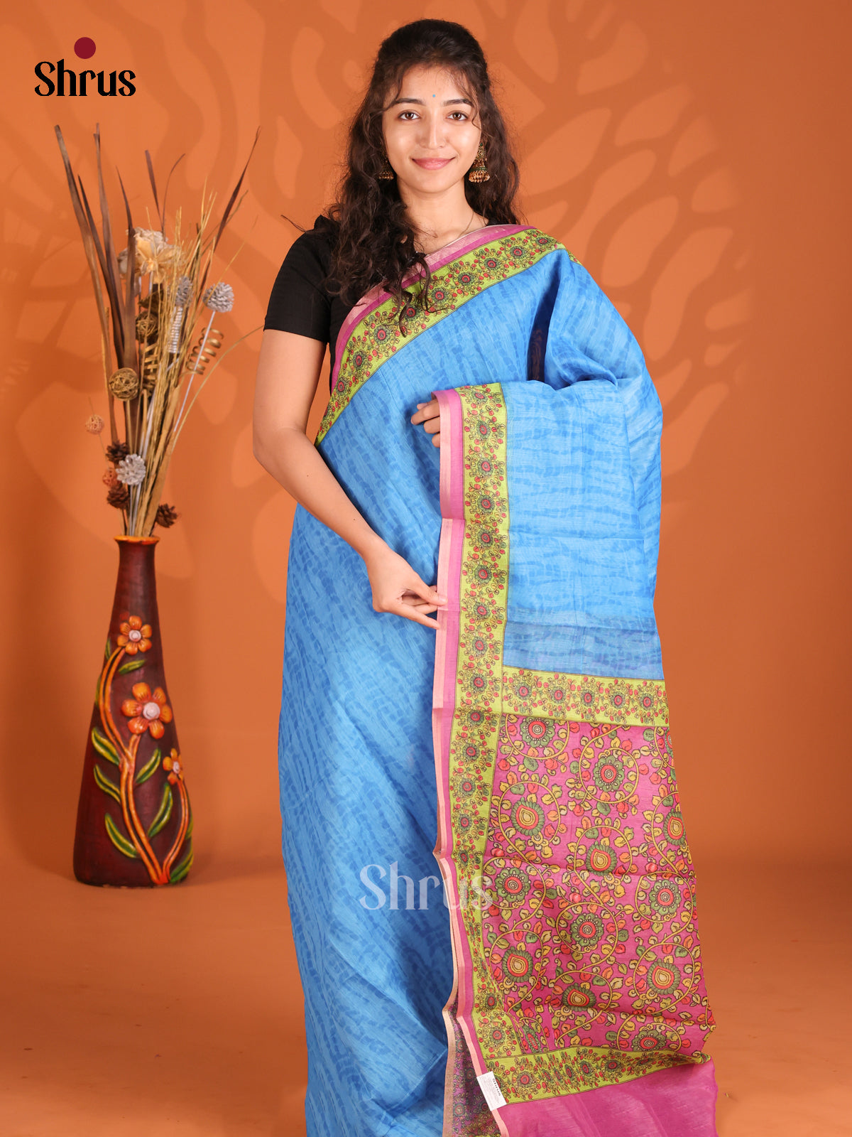 Blue & Pink - Semi Maheshwari Print Saree