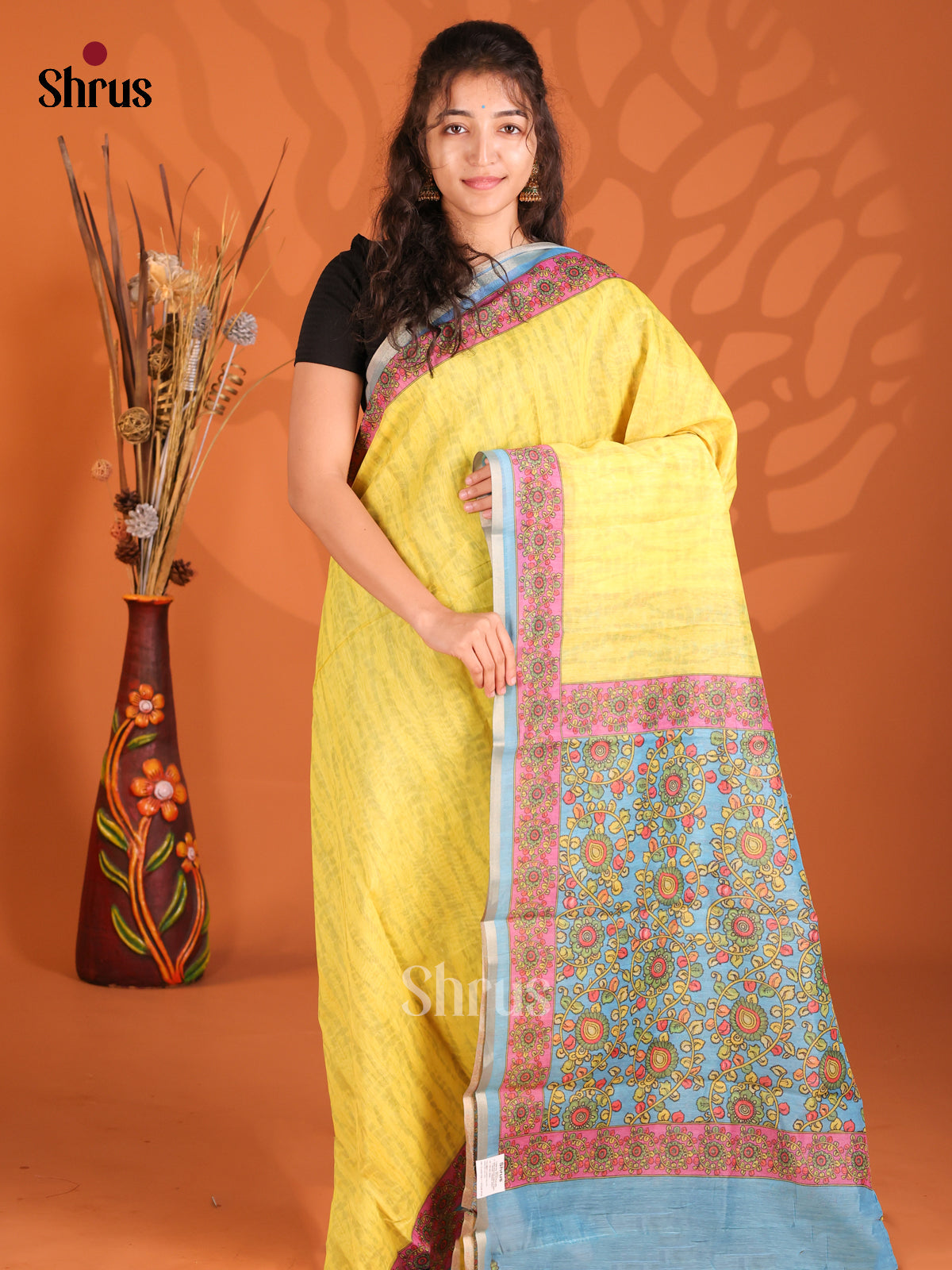 Yellow & Blue- Semi Maheshwari Print Saree