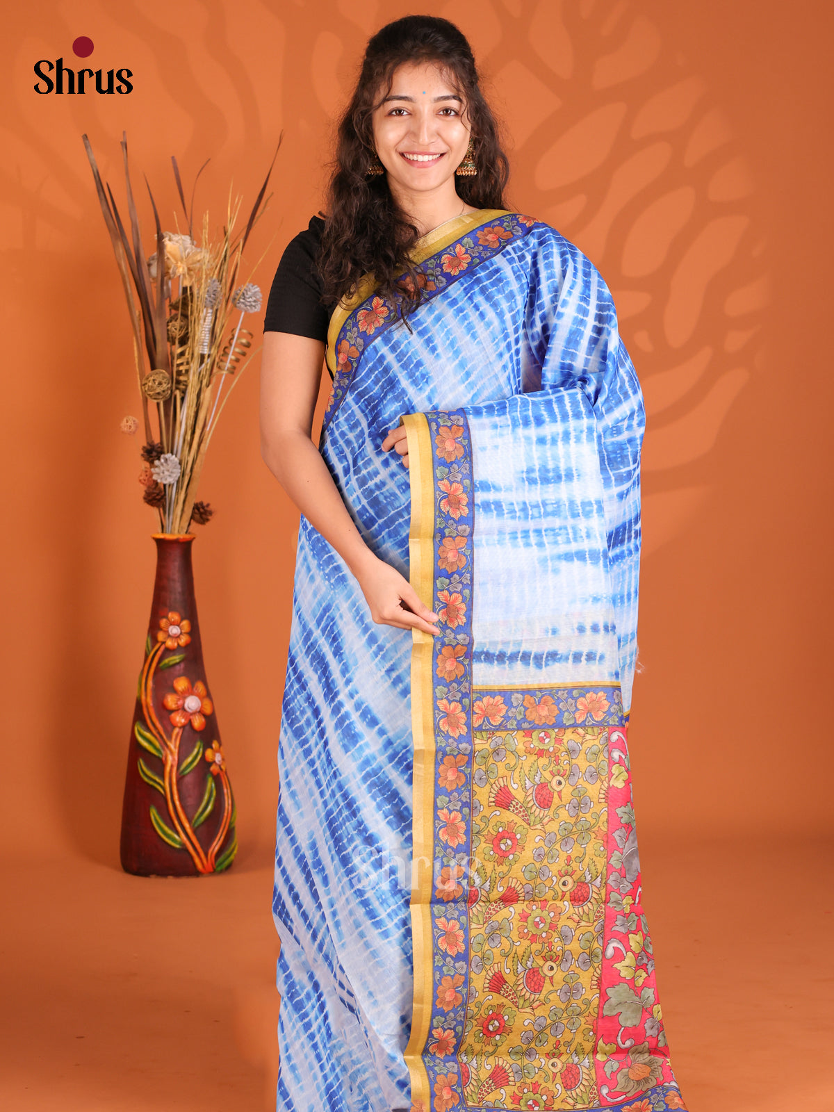 Blue & Mustard - Semi Maheshwari Print Saree