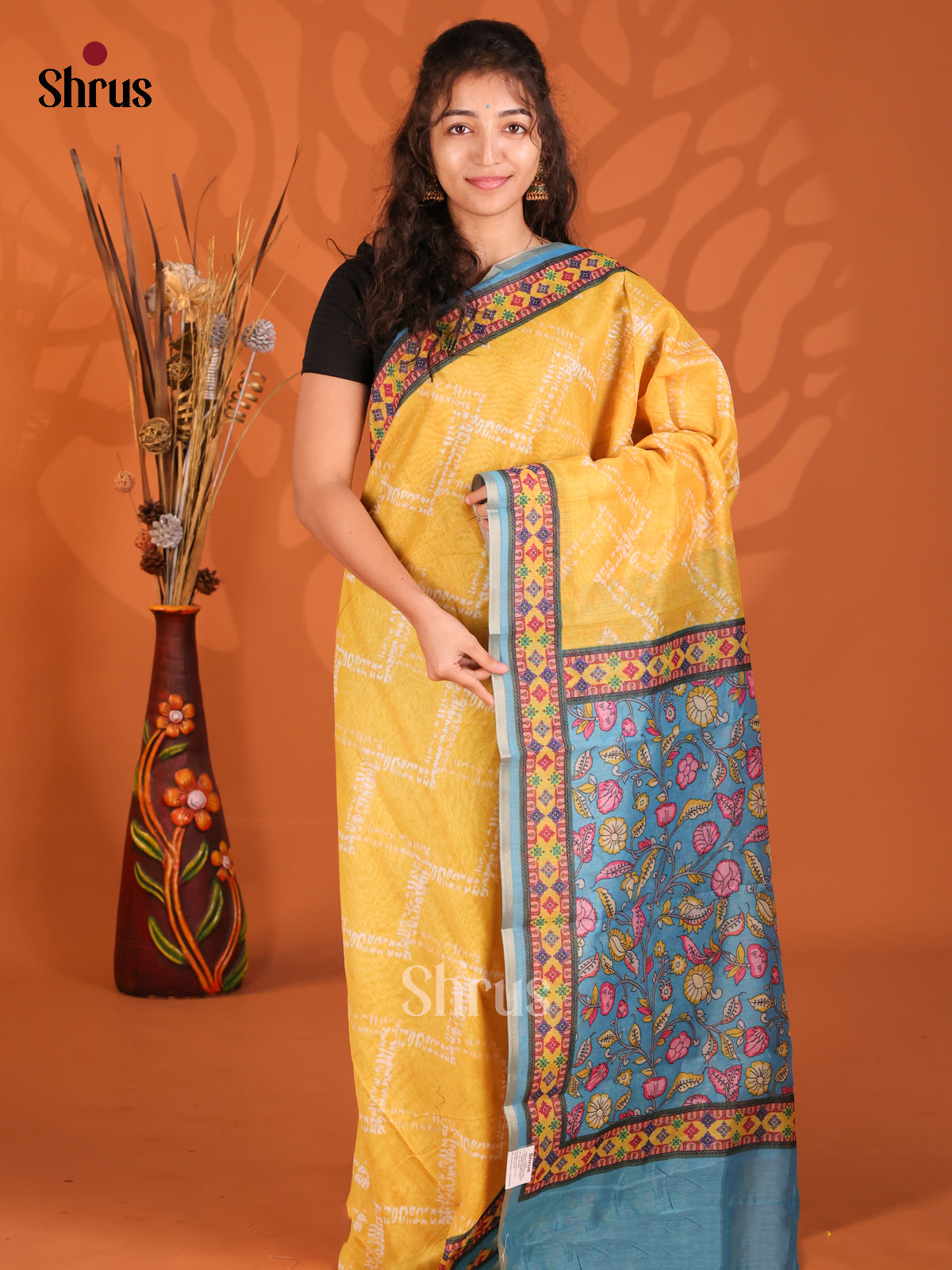 Yellow & Blue - Semi Maheshwari Print Saree