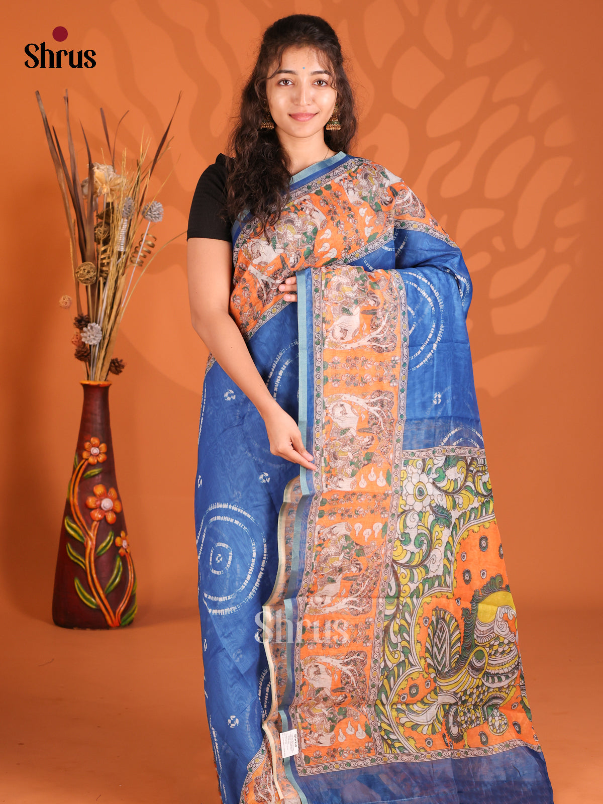 Blue & Orange - Semi Maheshwari Print Saree