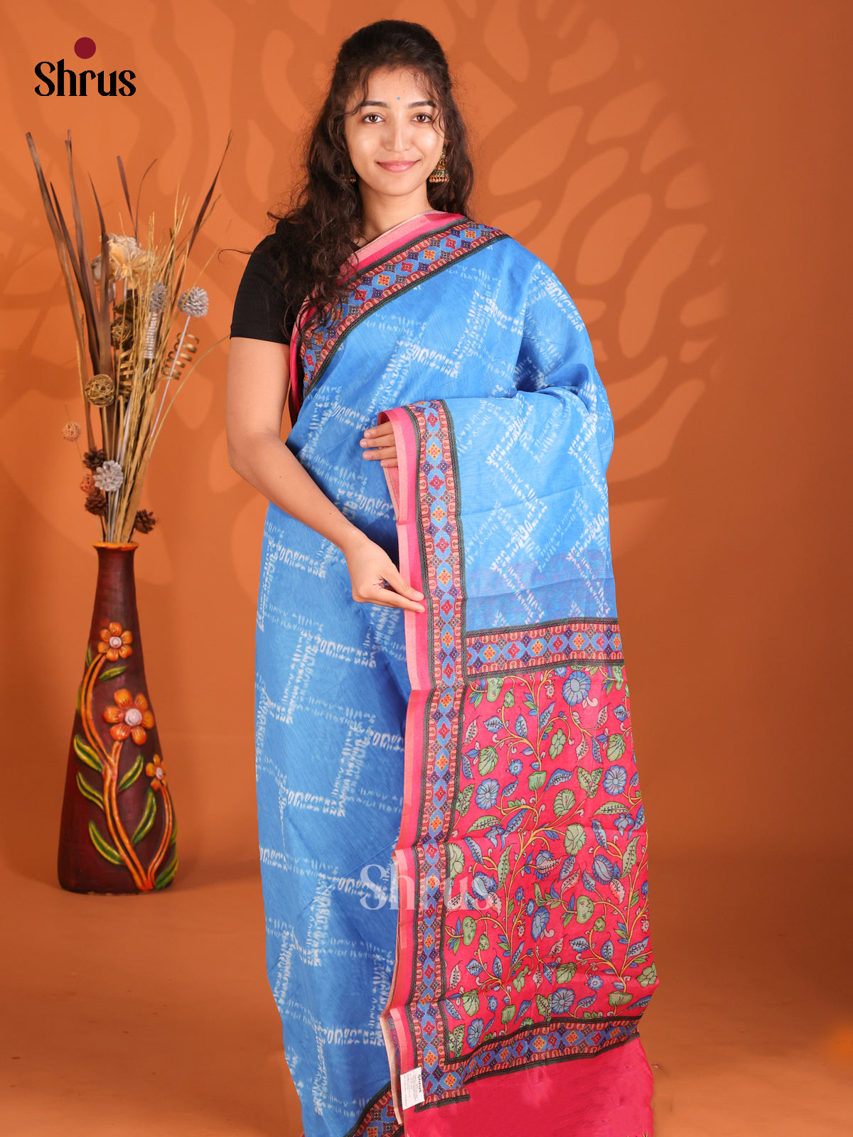 Blue & Pink - Semi Maheshwari Print Saree